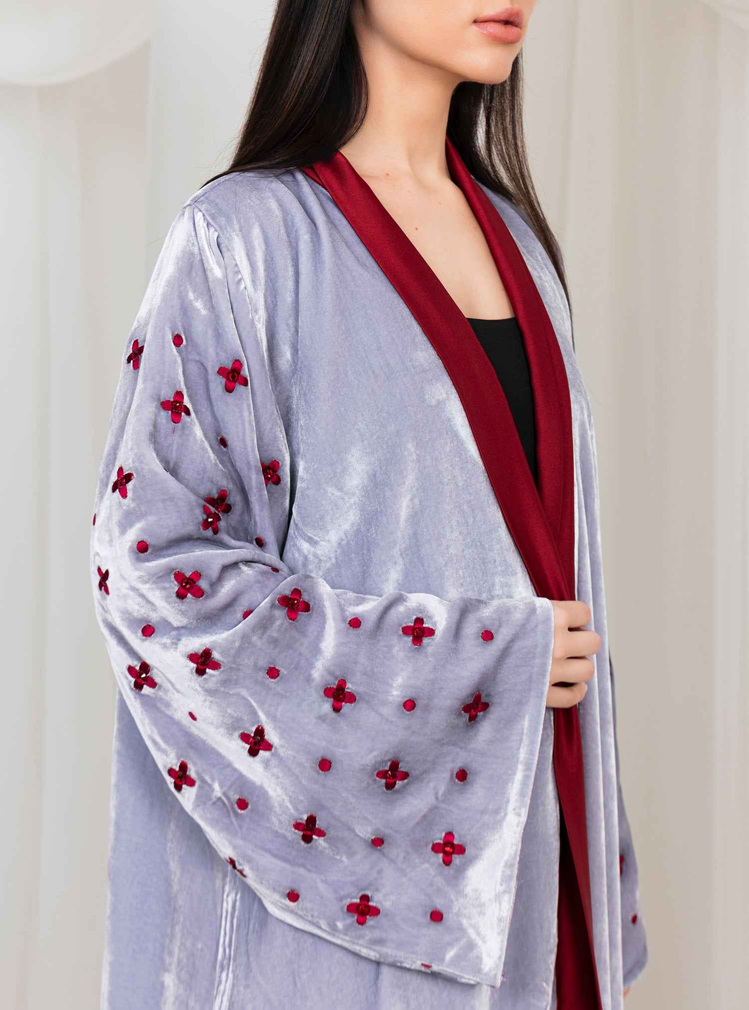 Crimson-ABY038 – Velvet Abaya with Satin Front & Hand-Embellished Sleeves