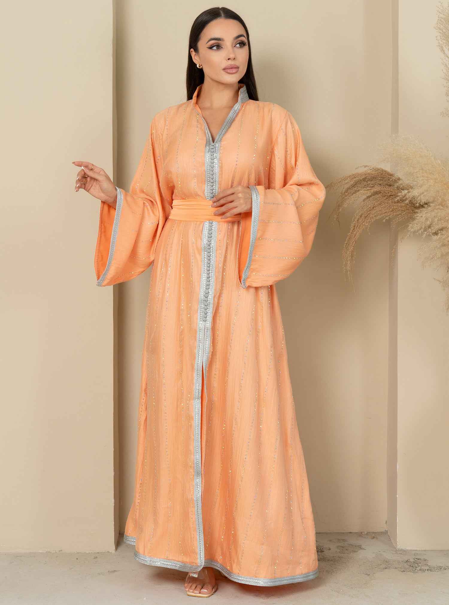Peach-KTN027 – Radiant Peach Kaftan with Silver Embellished Details & Elegant Flowing