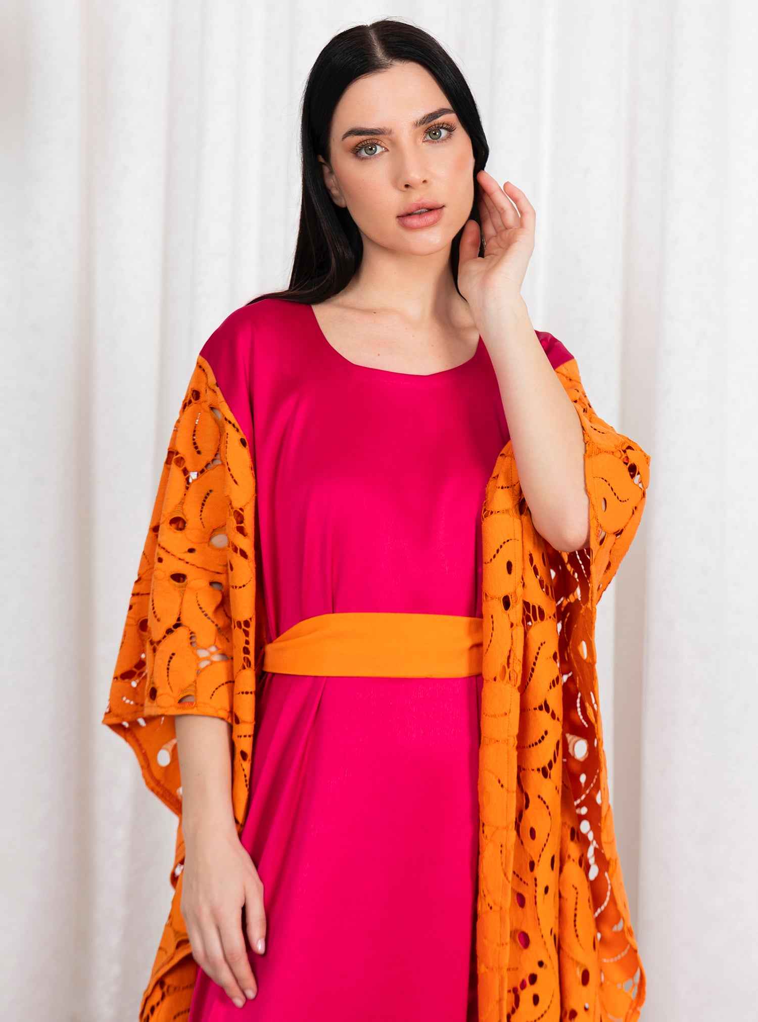 Mango-KTN034 – Vibrant Pink & Mango Silk Kaftan with Artistic Sleeves & Statement Belt