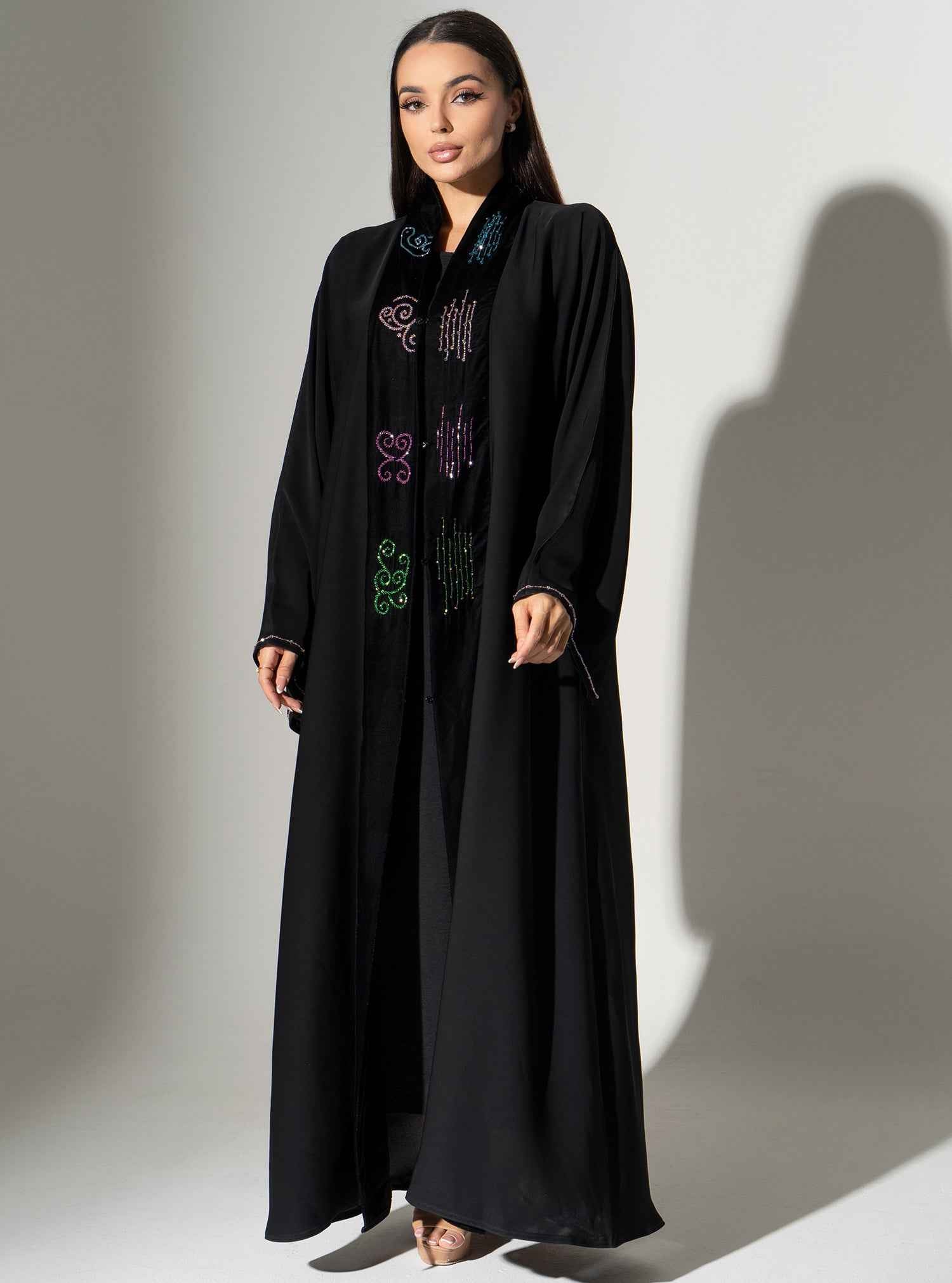Jet-ABY021 – Black Crepe & Chiffon Abaya with Hand-Embroidered Multicolor Detail
