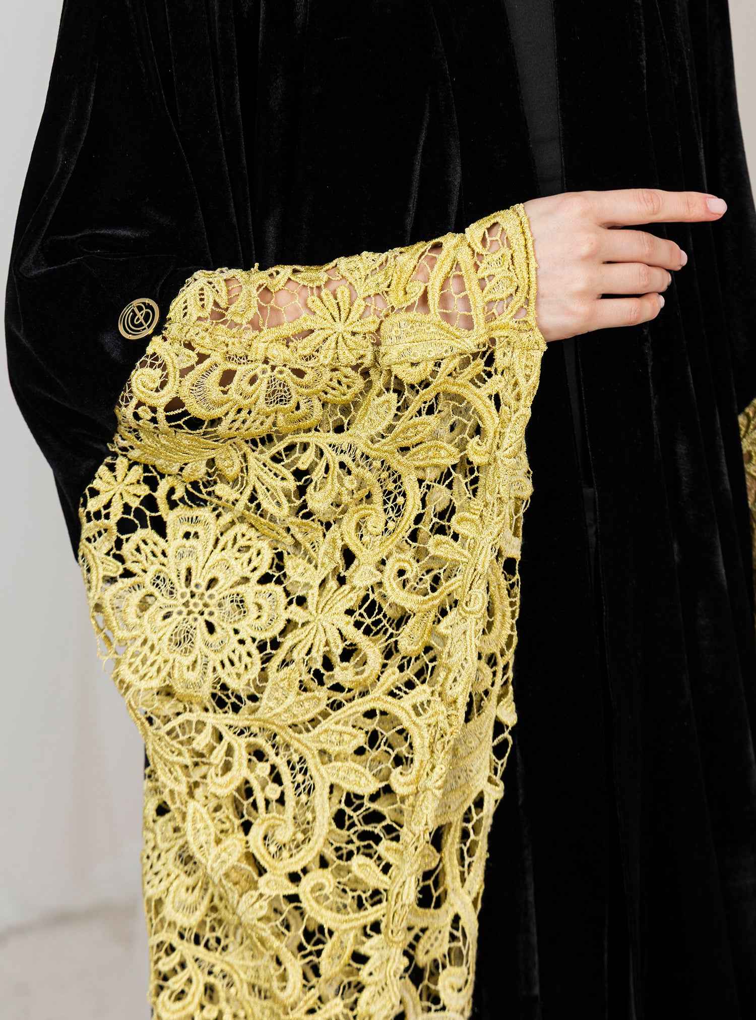 Royal-ABY036 – Black Japanese Velvet Abaya with Majestic Yellow Lace Draping
