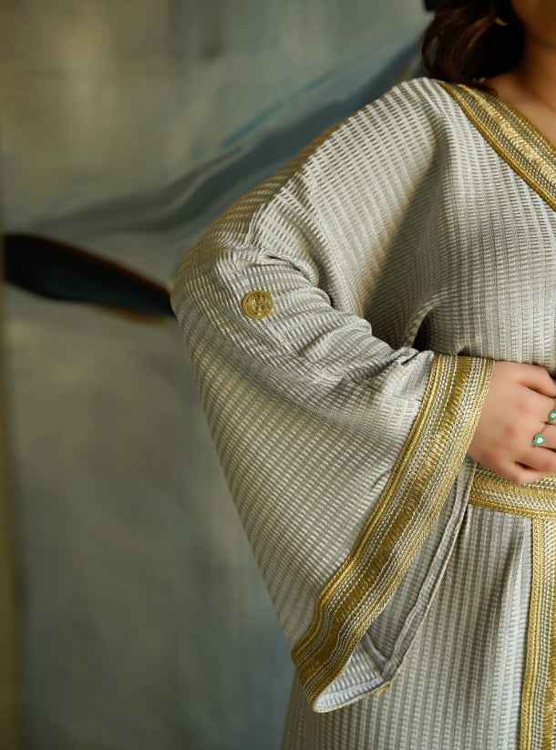 Silver-KTN019 - Sleek Silver Spandex Kaftan with Golden Detailing