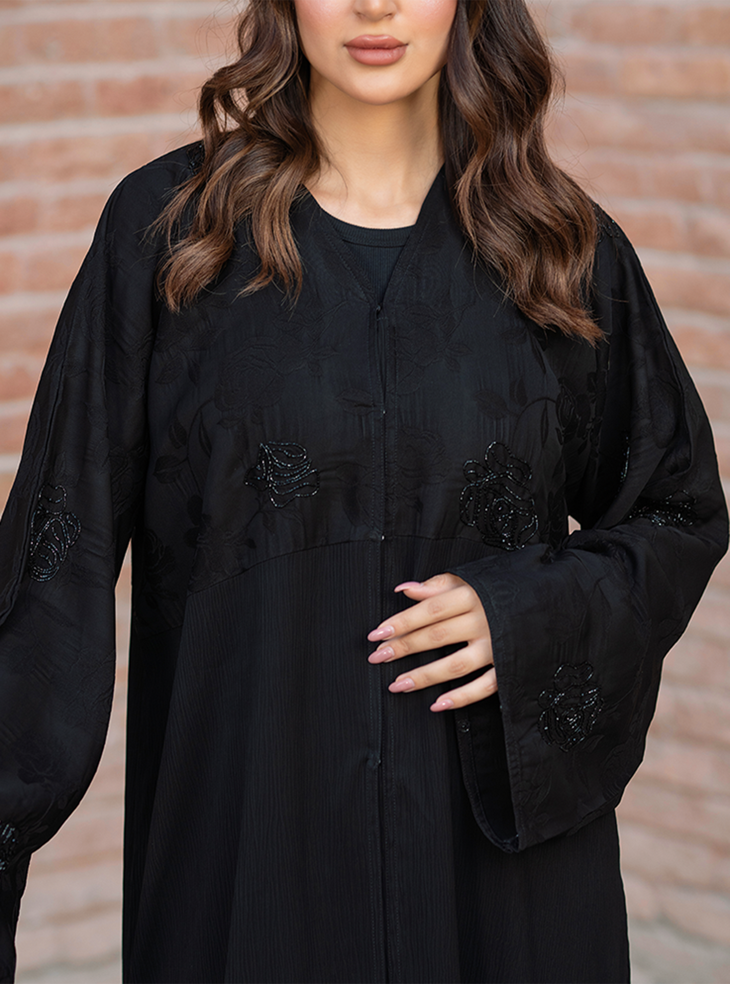 Coal-ABY017 – Classic Black Abaya with Intricate Embroidery & Subtle Sparkling Details - BAZZAZ COUTURE GARMENTS L.L.C