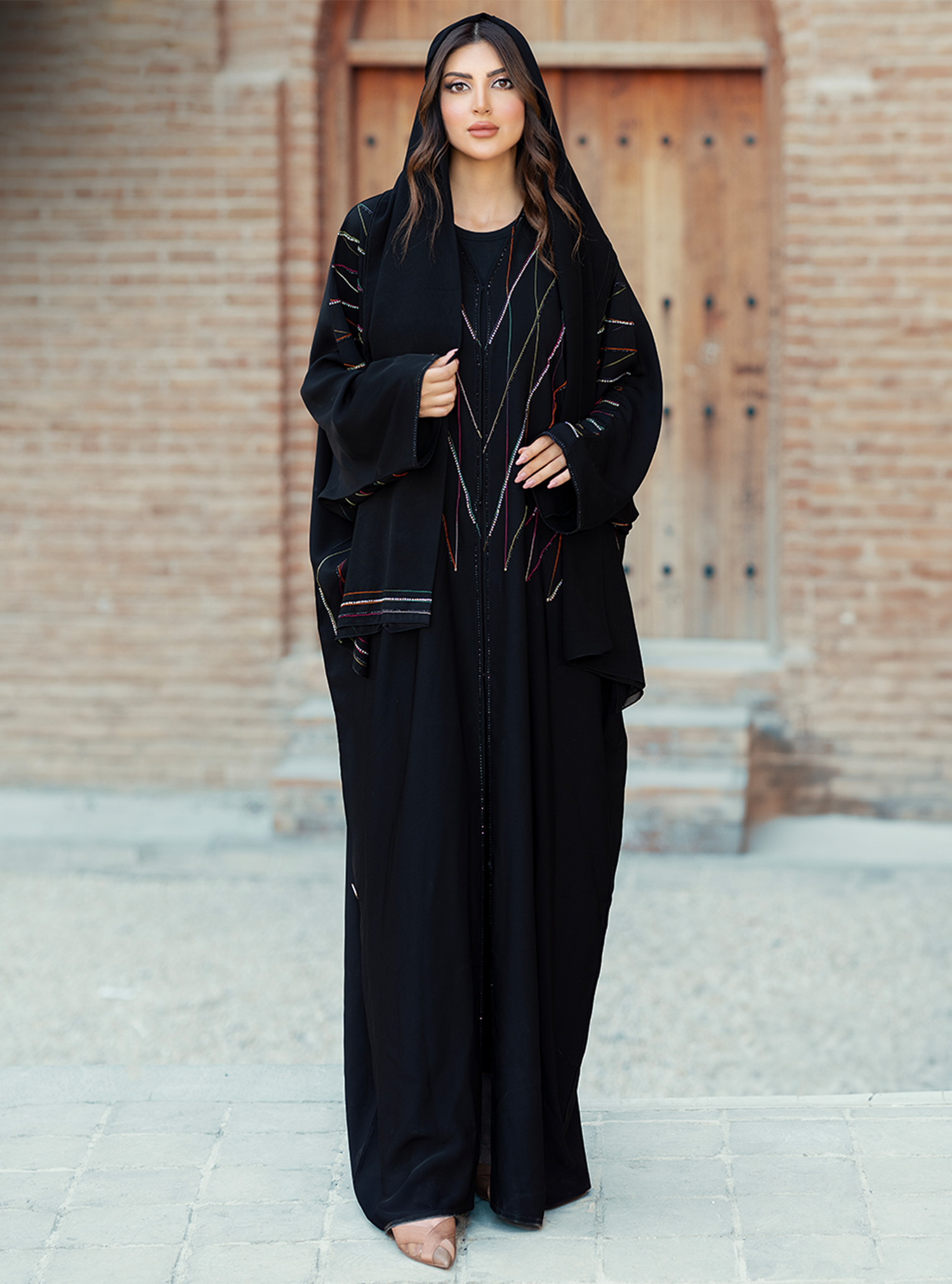 Spider-ABY019 – Black Abaya with Multicolor Embroidered Stripes & Matching Headscarf - BAZZAZ COUTURE GARMENTS L.L.C