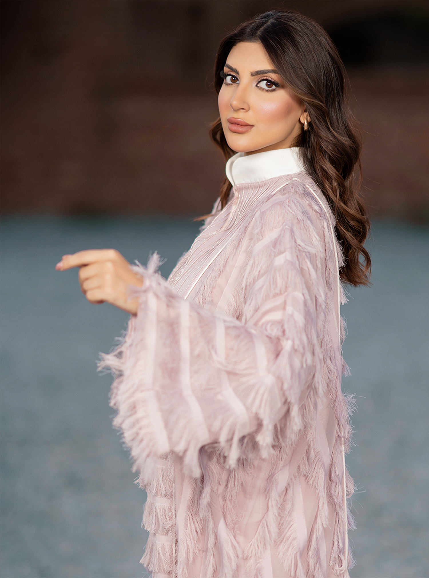 Blossom-KTN020 – Elegant Pink Jalabiya with Fringe Layers & Glossy Collar - BAZZAZ COUTURE GARMENTS L.L.C