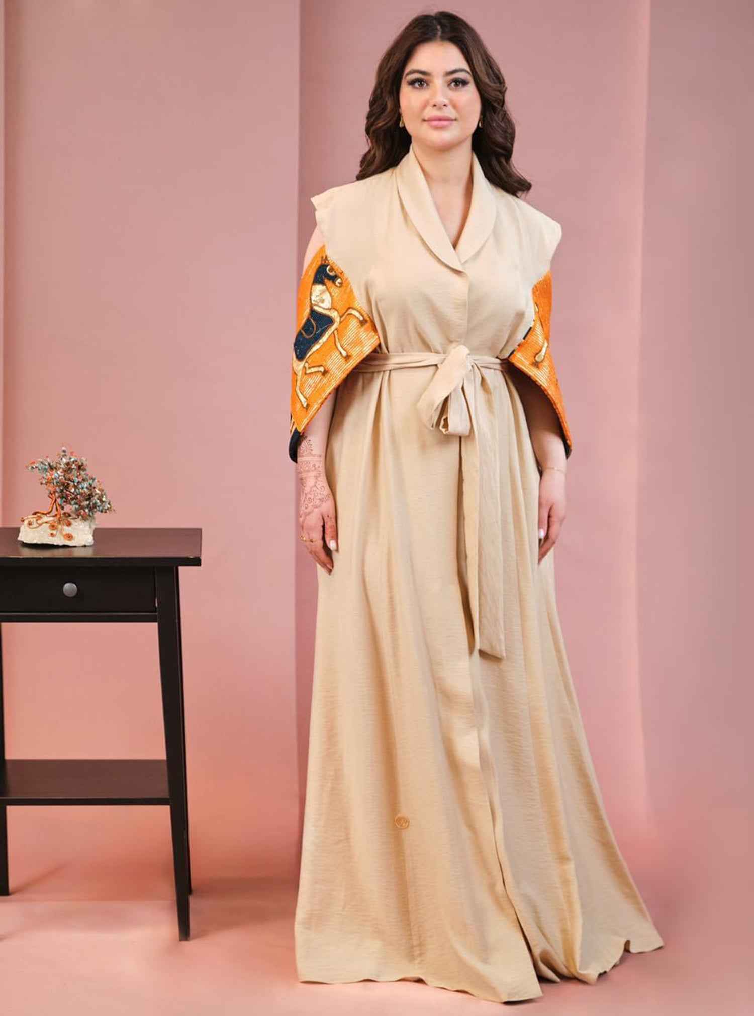 Khaki-KTN015 – Elegant Linen Dress with Artistic Handcrafted Sleeve Flair