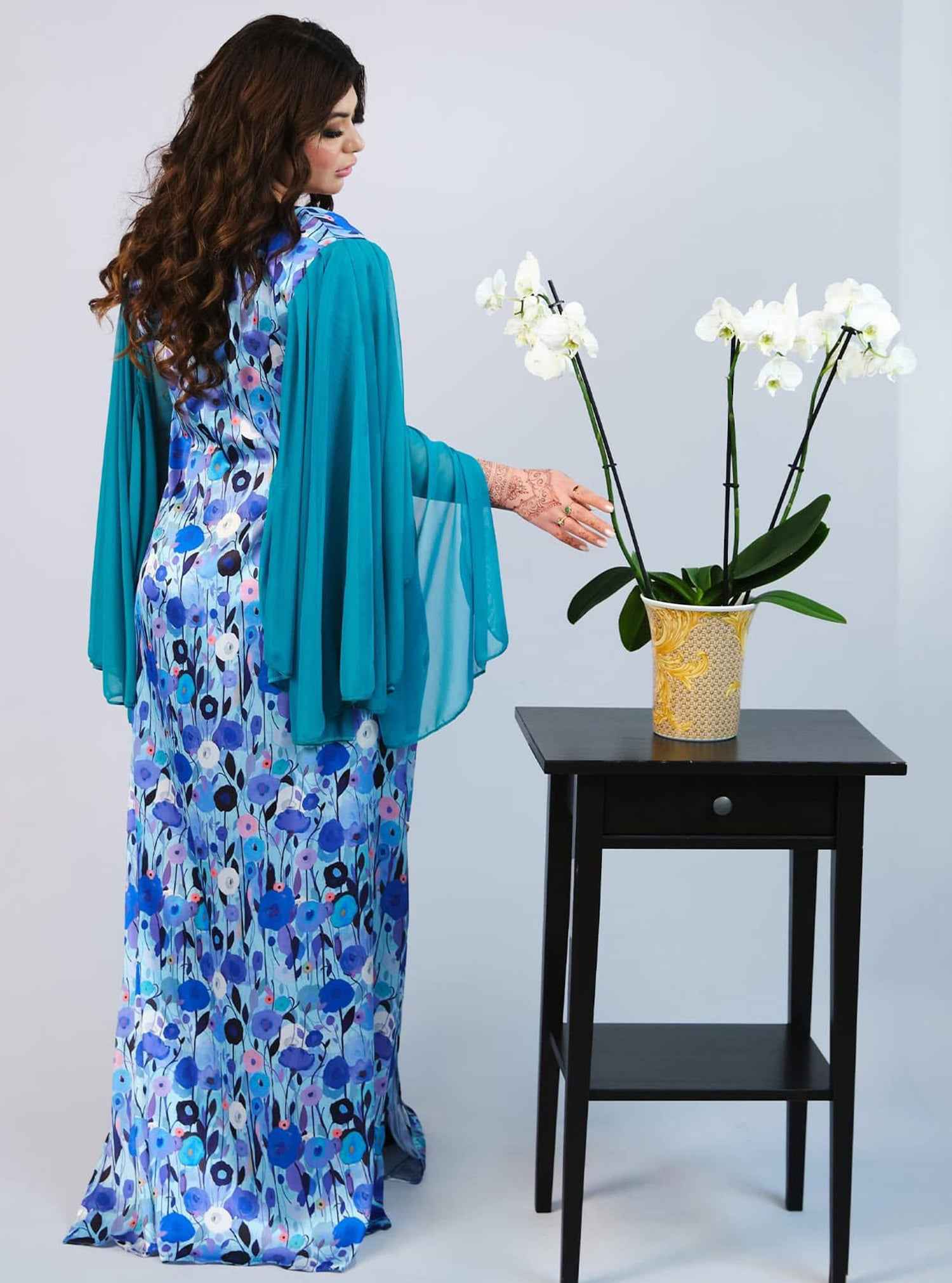 Blue-KTN011 – Vibrant Mukhawar with Flowing Cape Sleeves in Blue Tones