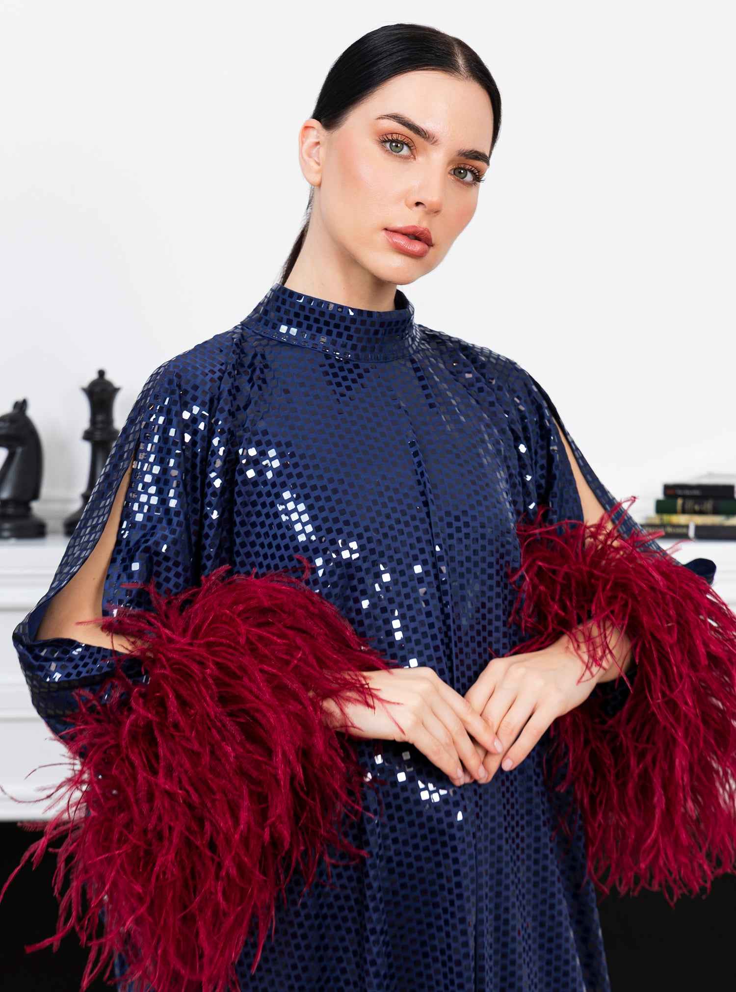 Berry-KTN036 – Navy Sequin Kaftan with Luxe Feather Detailing