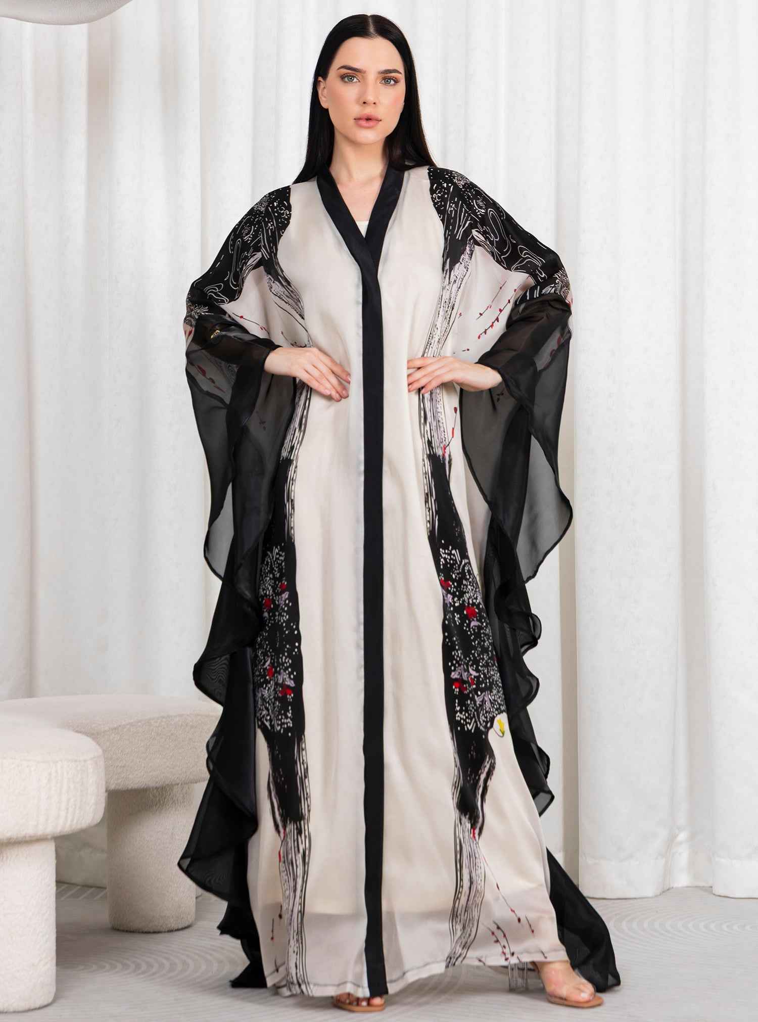 Skipper-KTN033 – Black & White Italian Organza Abaya with Artistic Draped Sleeves