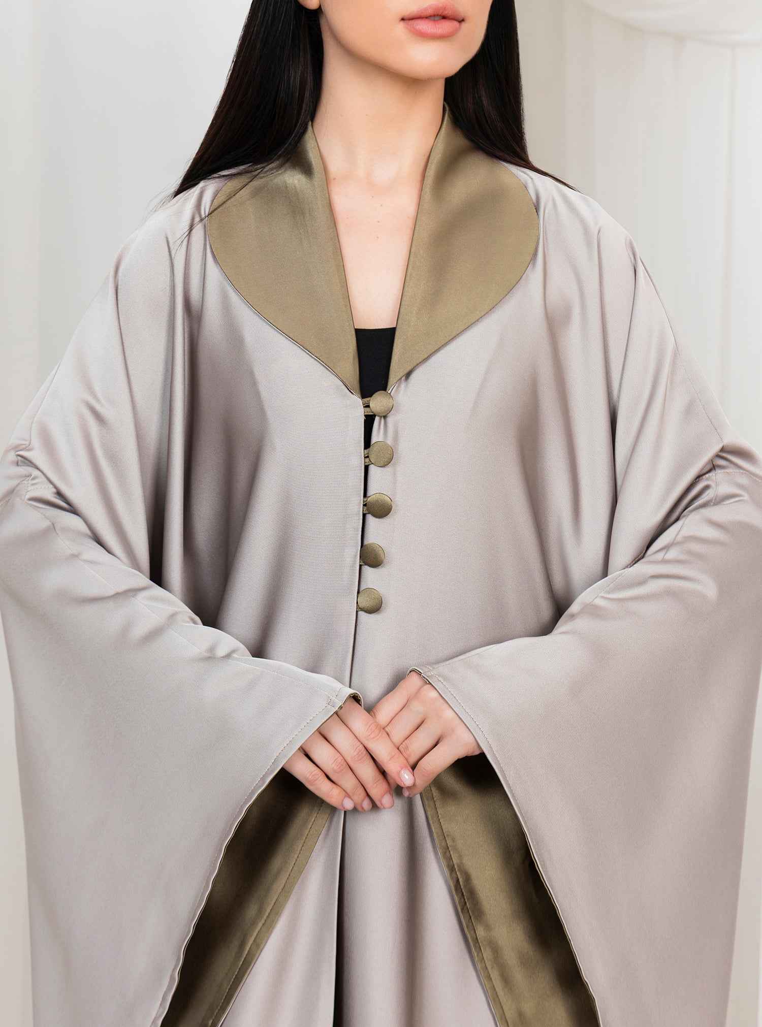 Tan-KTN051 – Satin Kaftan with Front Button Detailing & Refined Contrast Accents