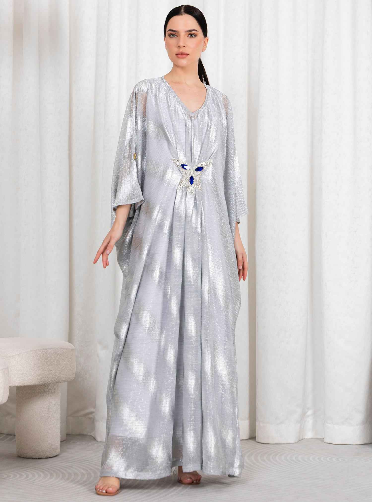 Metal-KTN045 – Silver Mesh Kaftan with Crystal-Embellished Waist Detail