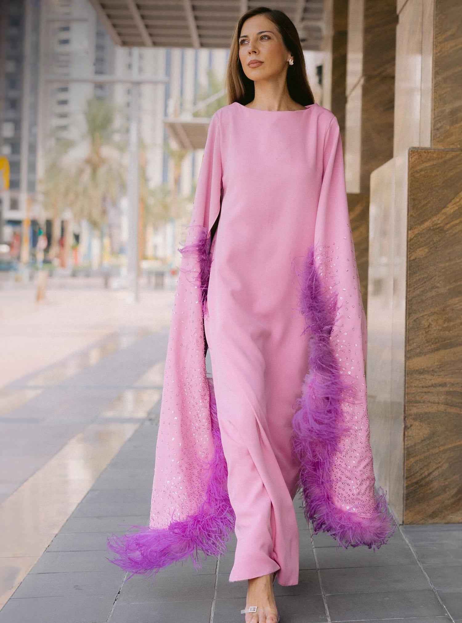 Butterfly-DRS04 – Contemporary Caftan with Luxe Feathered Couture Sleeves