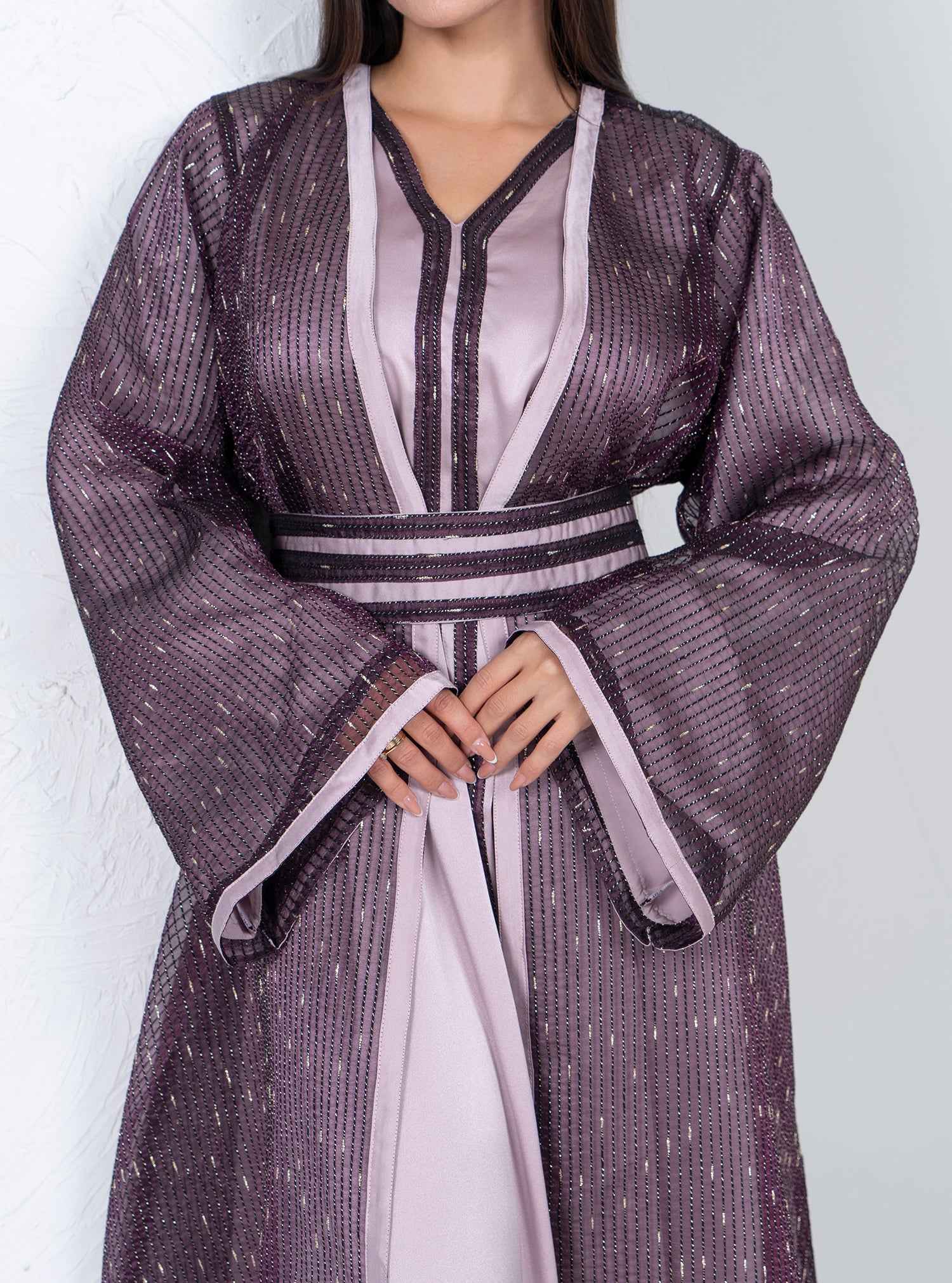 Plum KTN023 – Purple Silk Organza Moroccan Kaftan With Regal Satin Highlights