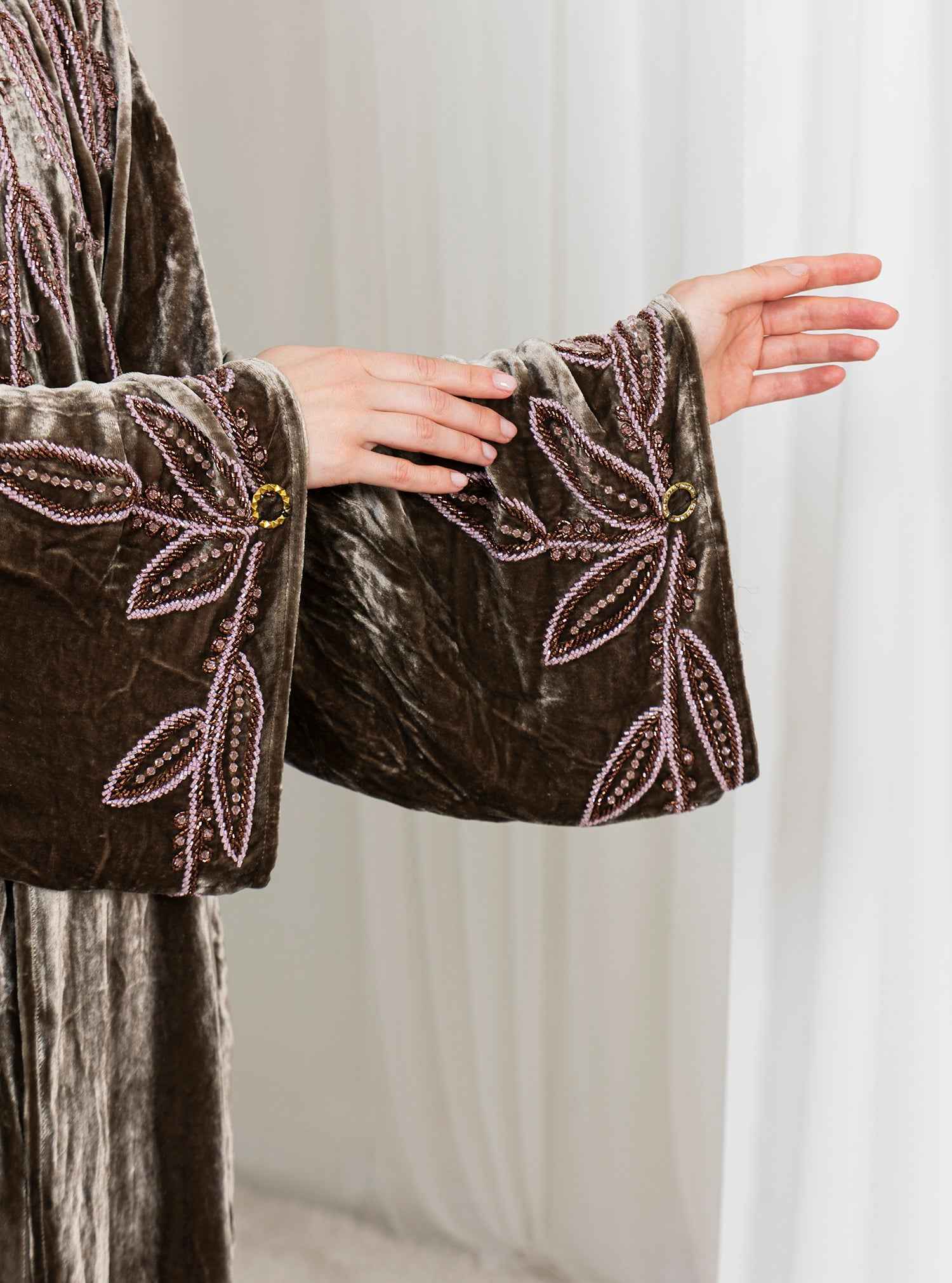 Opal-ABY040 – Hand-Embroidered Velvet Abaya with Exquisite Beadwork Accents