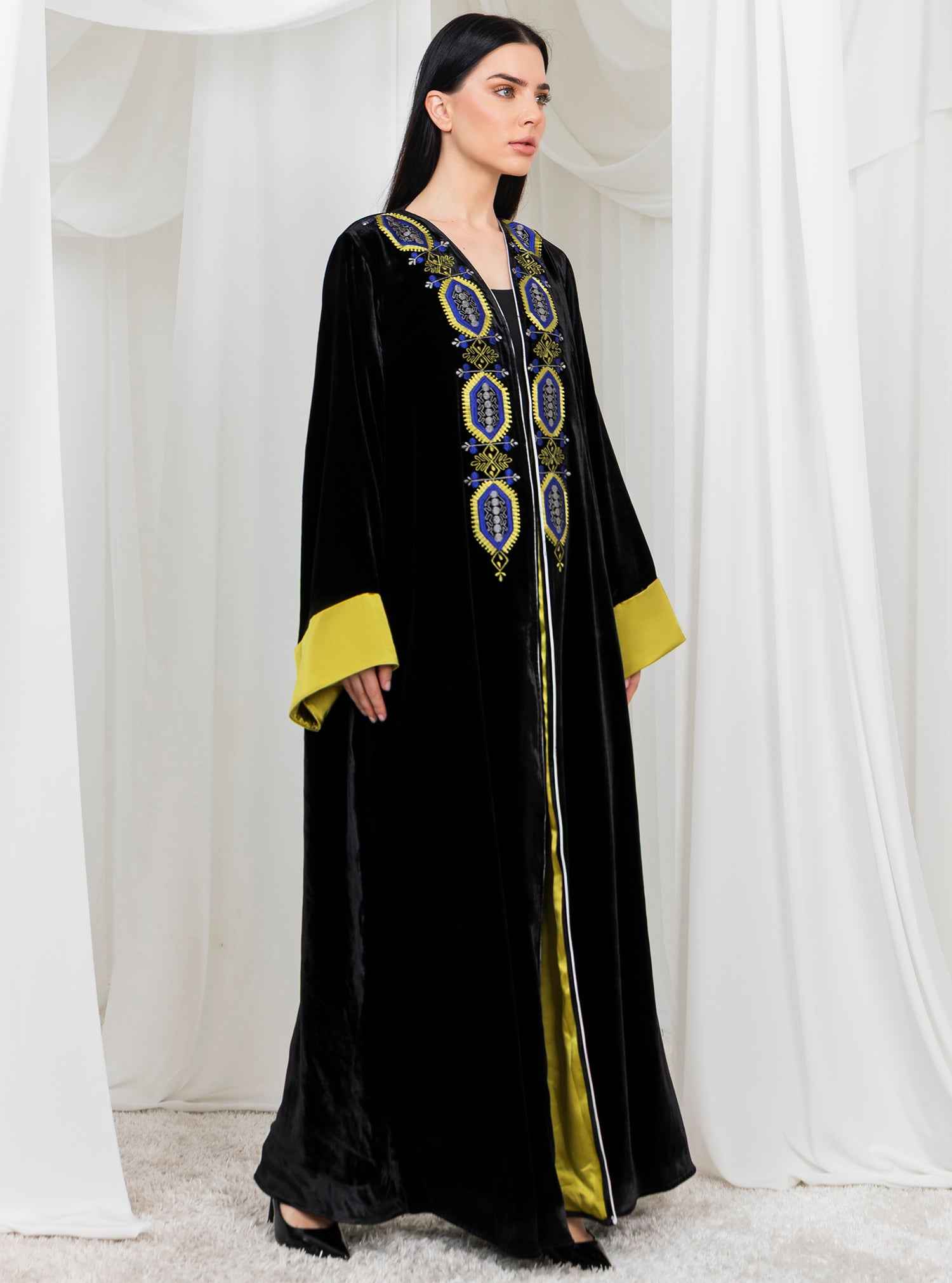 Canary-ABY030 – Velvet Abaya with Satin Sleeves & Handcrafted Embellished Details