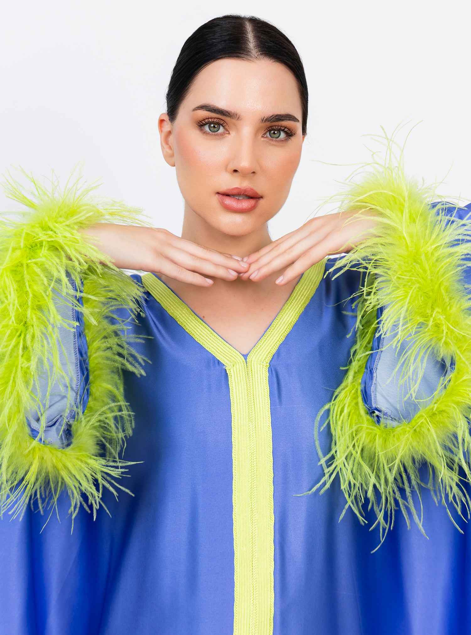 Springa-KTN049 – Radiant Silk Satin Kaftan with Floral Ombre & Delicate Feather Accents