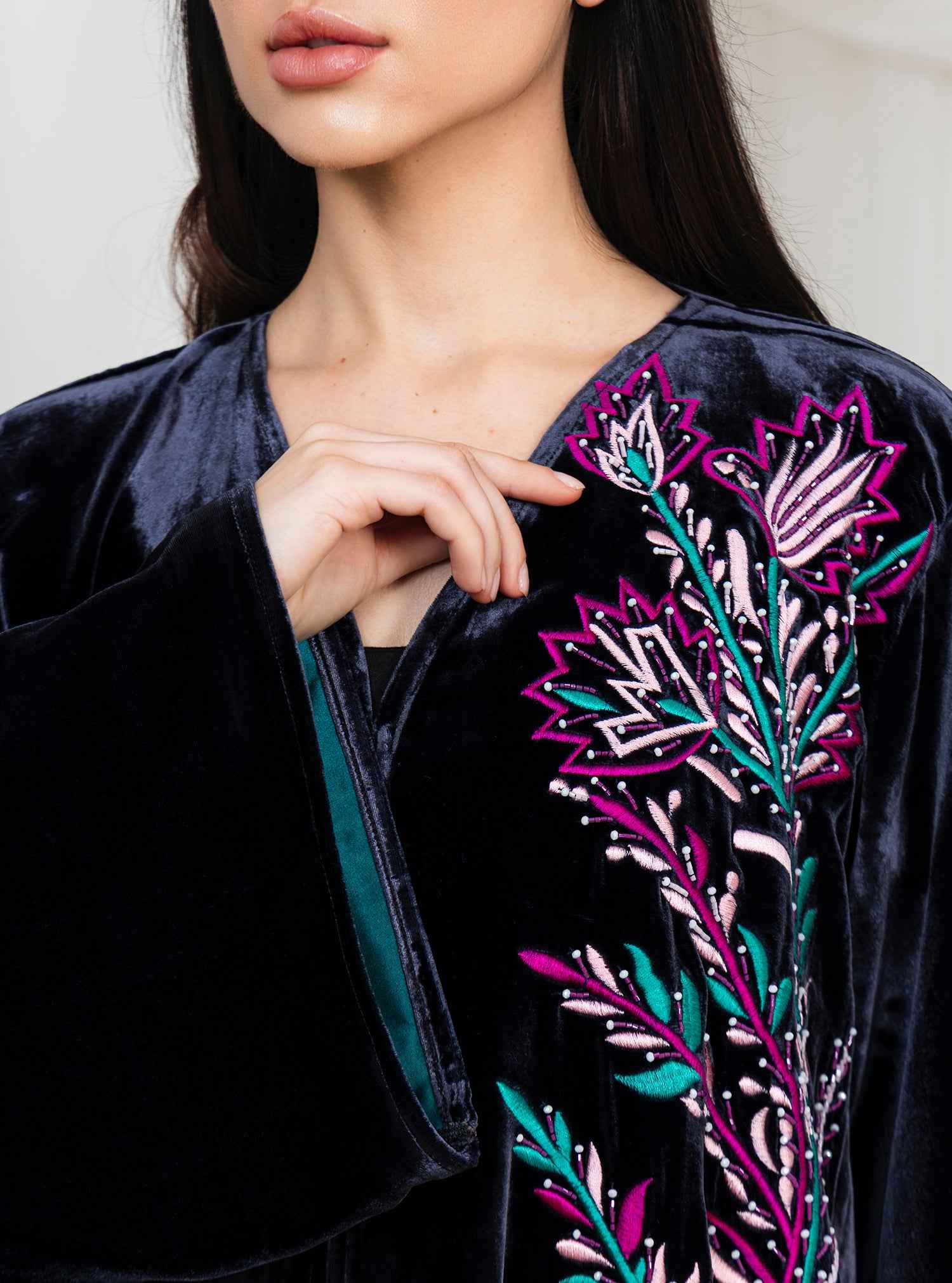 Fayrouz-ABY042 – Black Velvet Abaya with Refined Silk Thread Embroidery