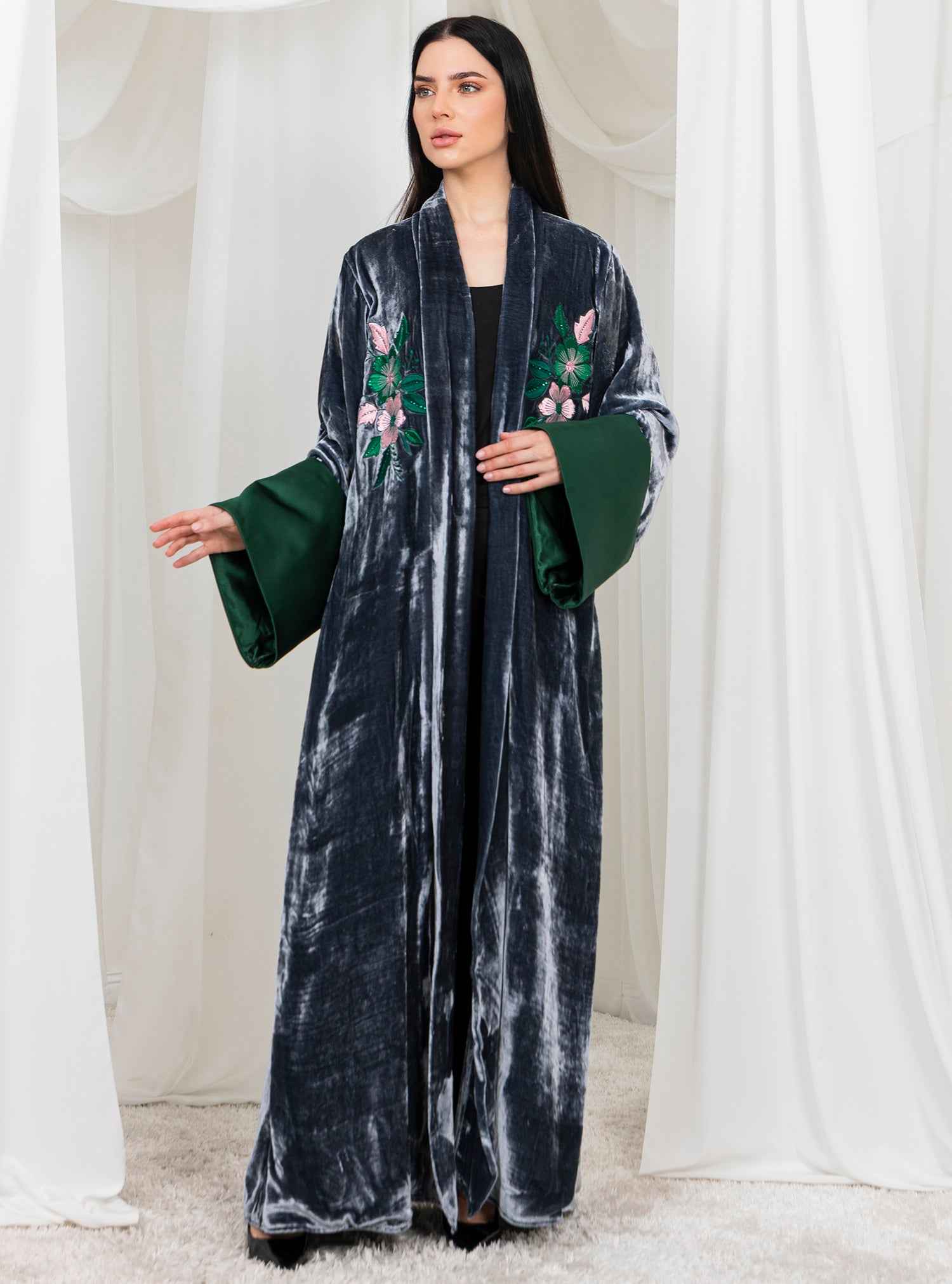 Sable-ABY028 – Grey Japanese Velvet Abaya with Intricate Front Embroidery