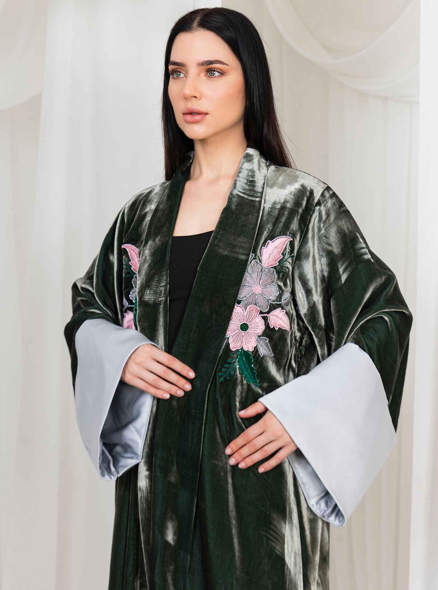 Peony-ABY029 – Olive Japanese Velvet Abaya with Intricate Peony Embroidery