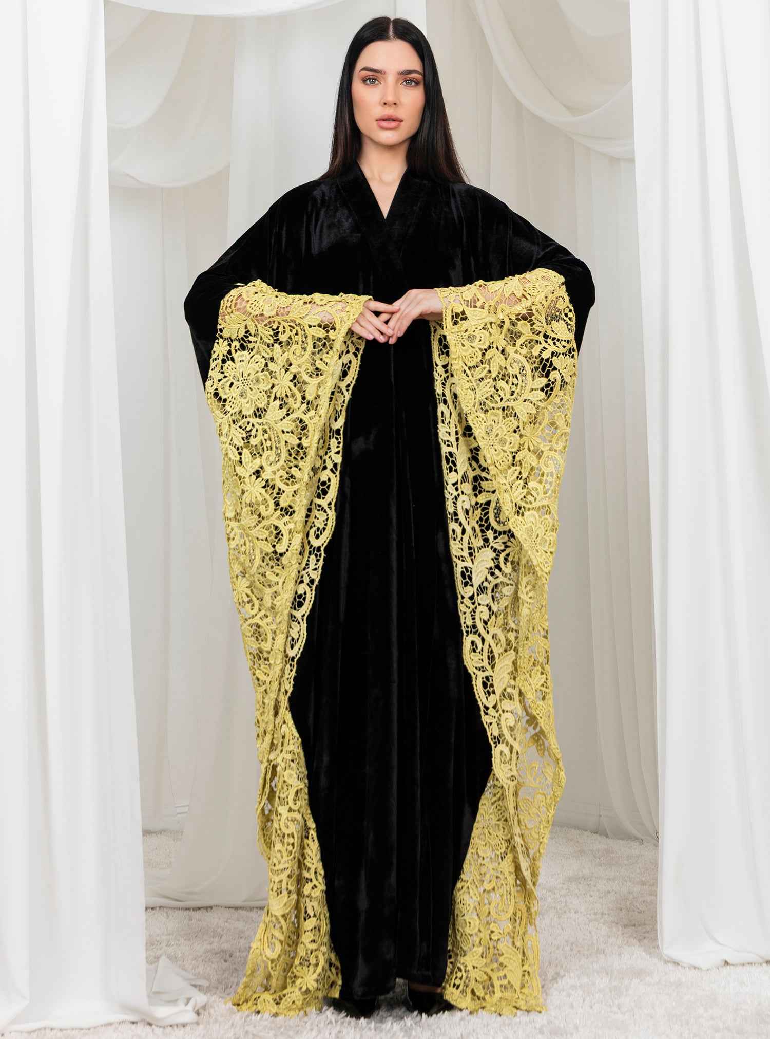 Royal-ABY036 – Black Japanese Velvet Abaya with Majestic Yellow Lace Draping