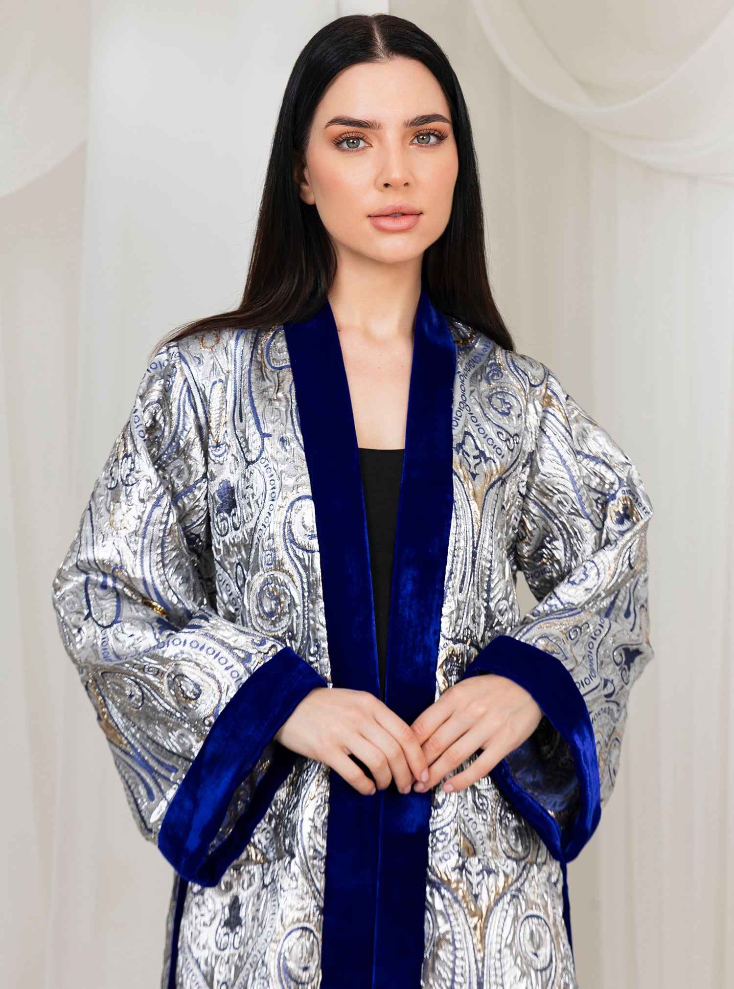 Dusk-ABY037 – Silver Jacquard Abaya with Royal Blue Accents