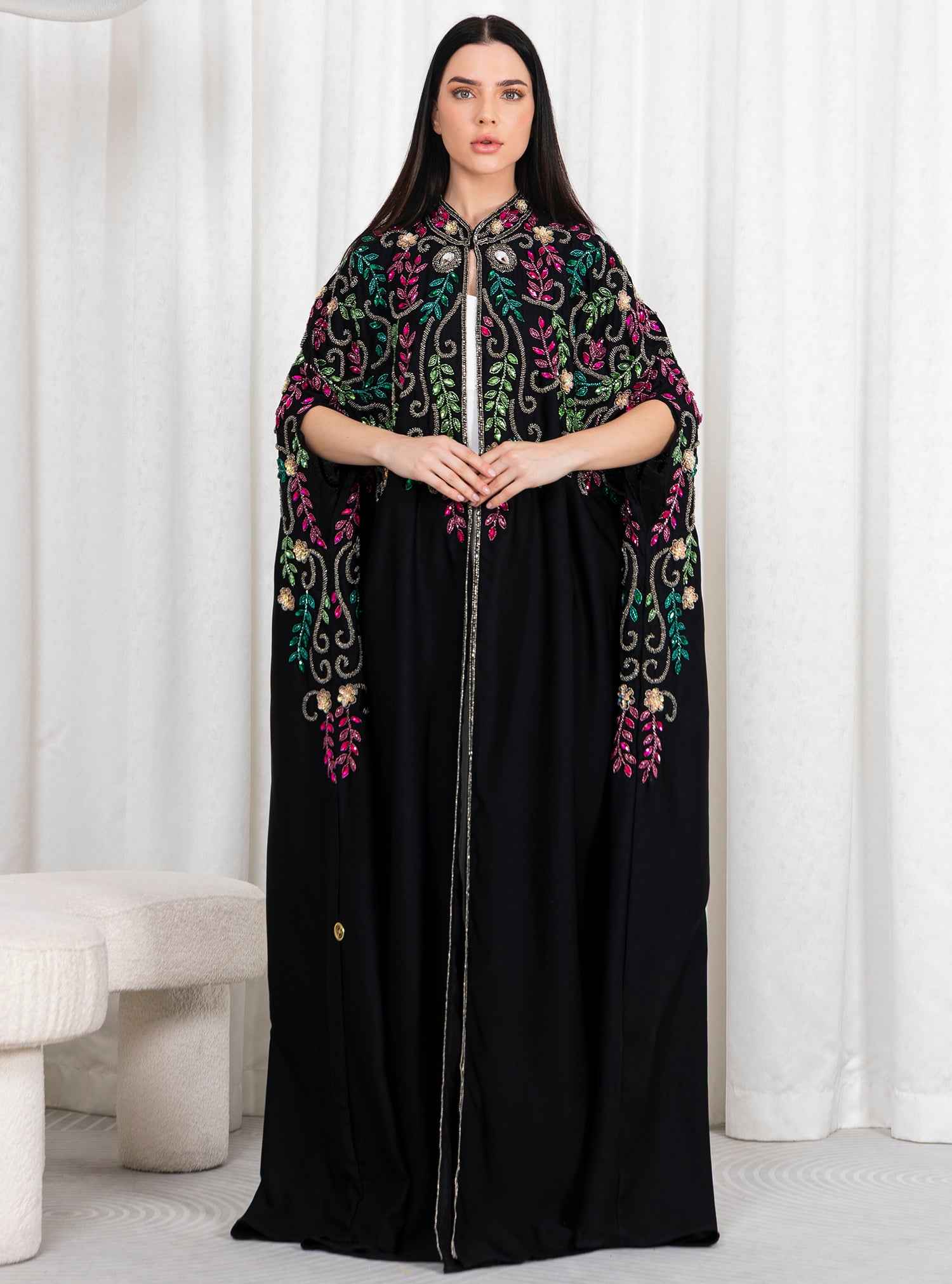 Bahar-ABY020 – Timeless Black Abaya with Masterful Multicolor Beadwork & Regal Cape Design