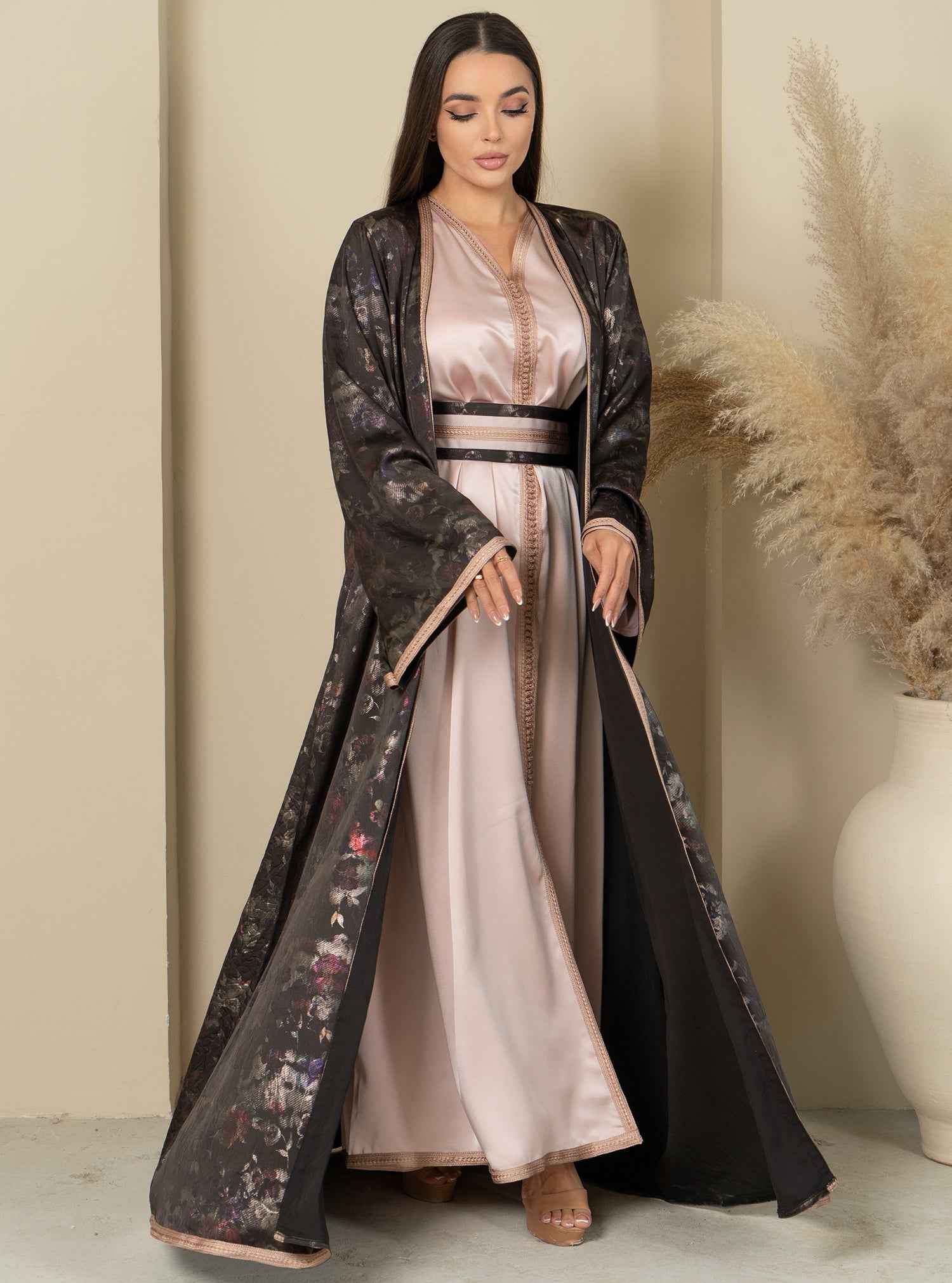 Selene-KTN030 – Soft Pink Crepe Cocktail Kaftan with Midnight Black Layered Cape