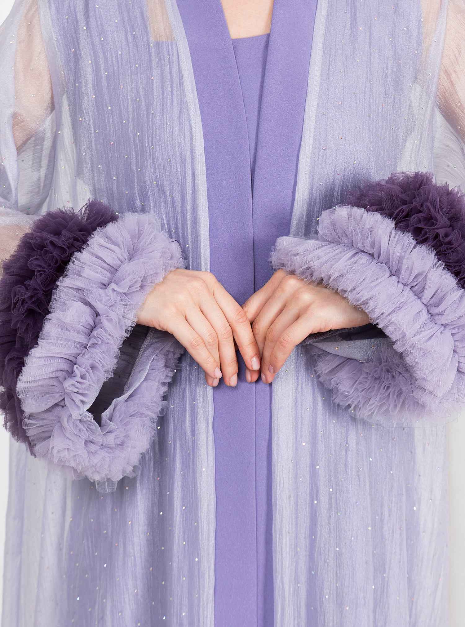 Lily-KTN035 – Two-Piece Lilac Abaya with Artful Feathered Sleeves & Sheer Elegant Overlay