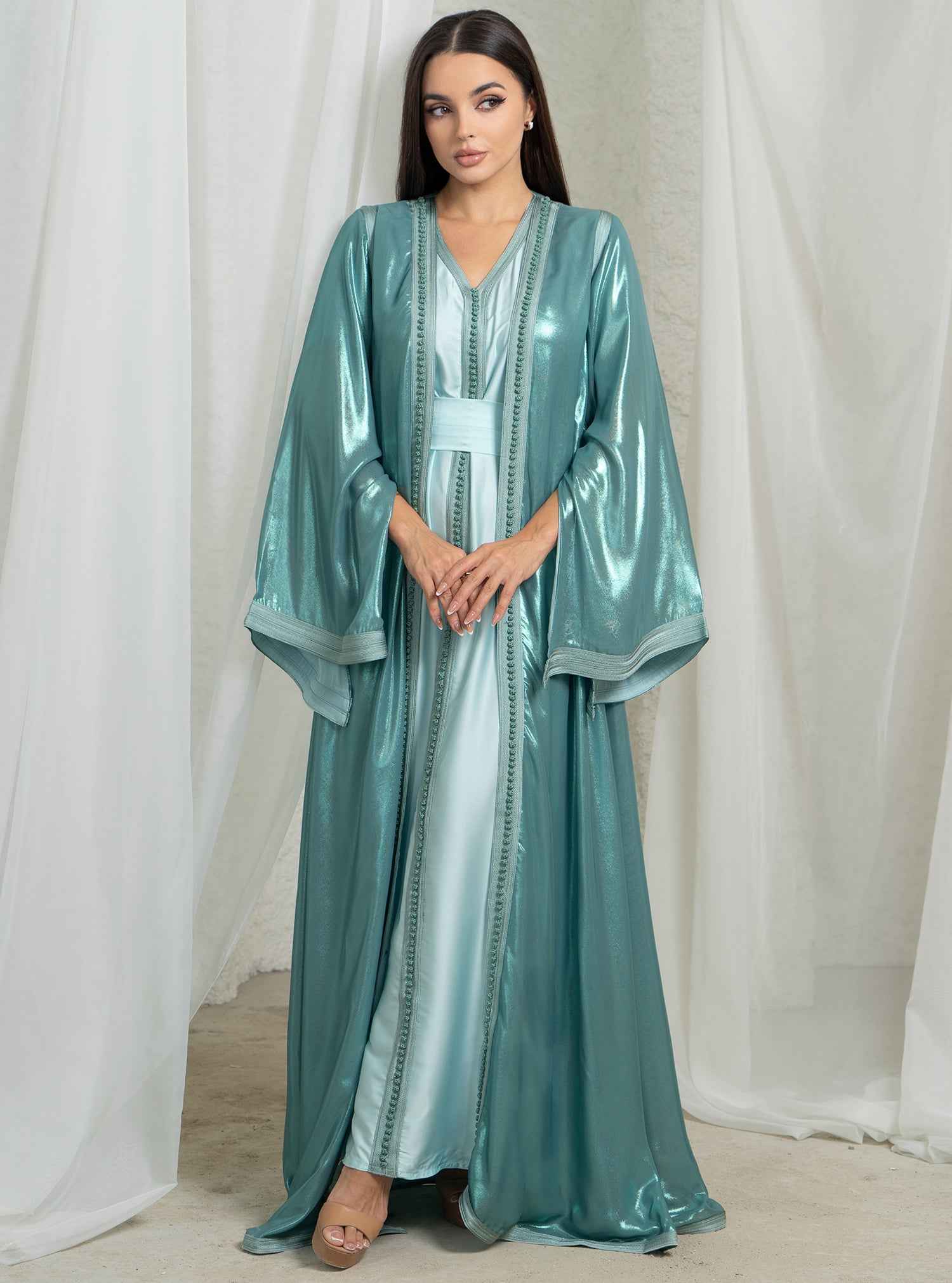 Mint-KTN025 – Vibrant Turquoise Two-Piece Kaftan with Glossy Cape & Elegant Sleeve Slit