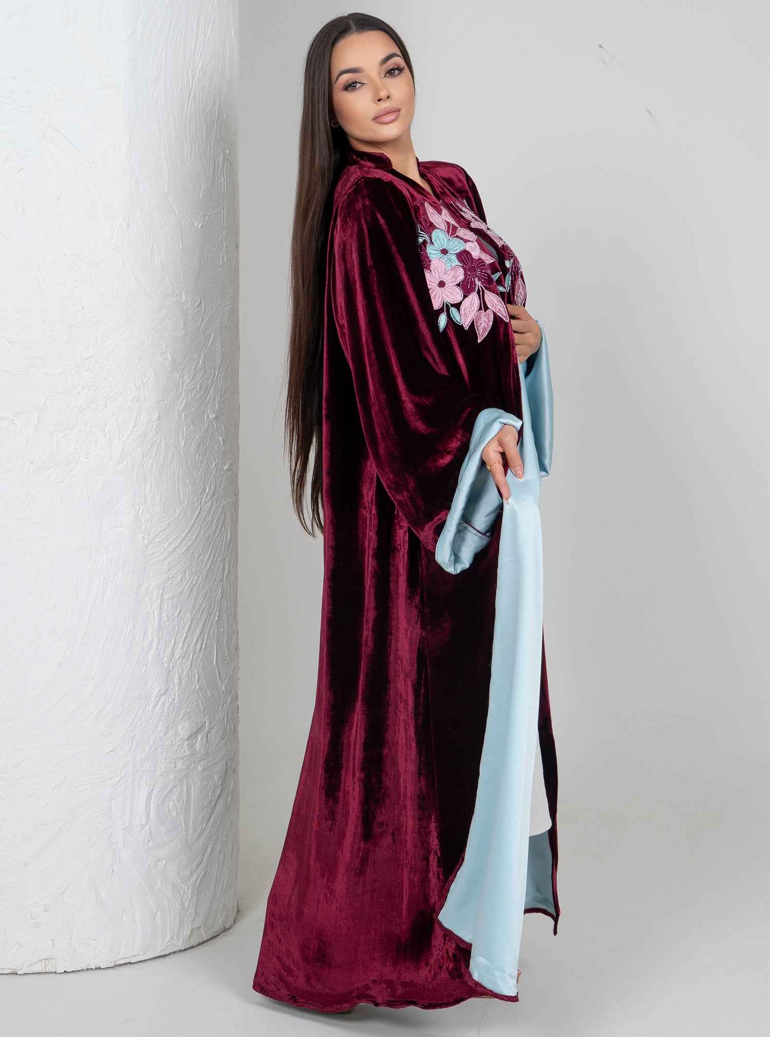 Garnet-ABY035 – Maroon Velvet Abaya with Sky-Blue Satin Lining & Floral Hand Embroidery
