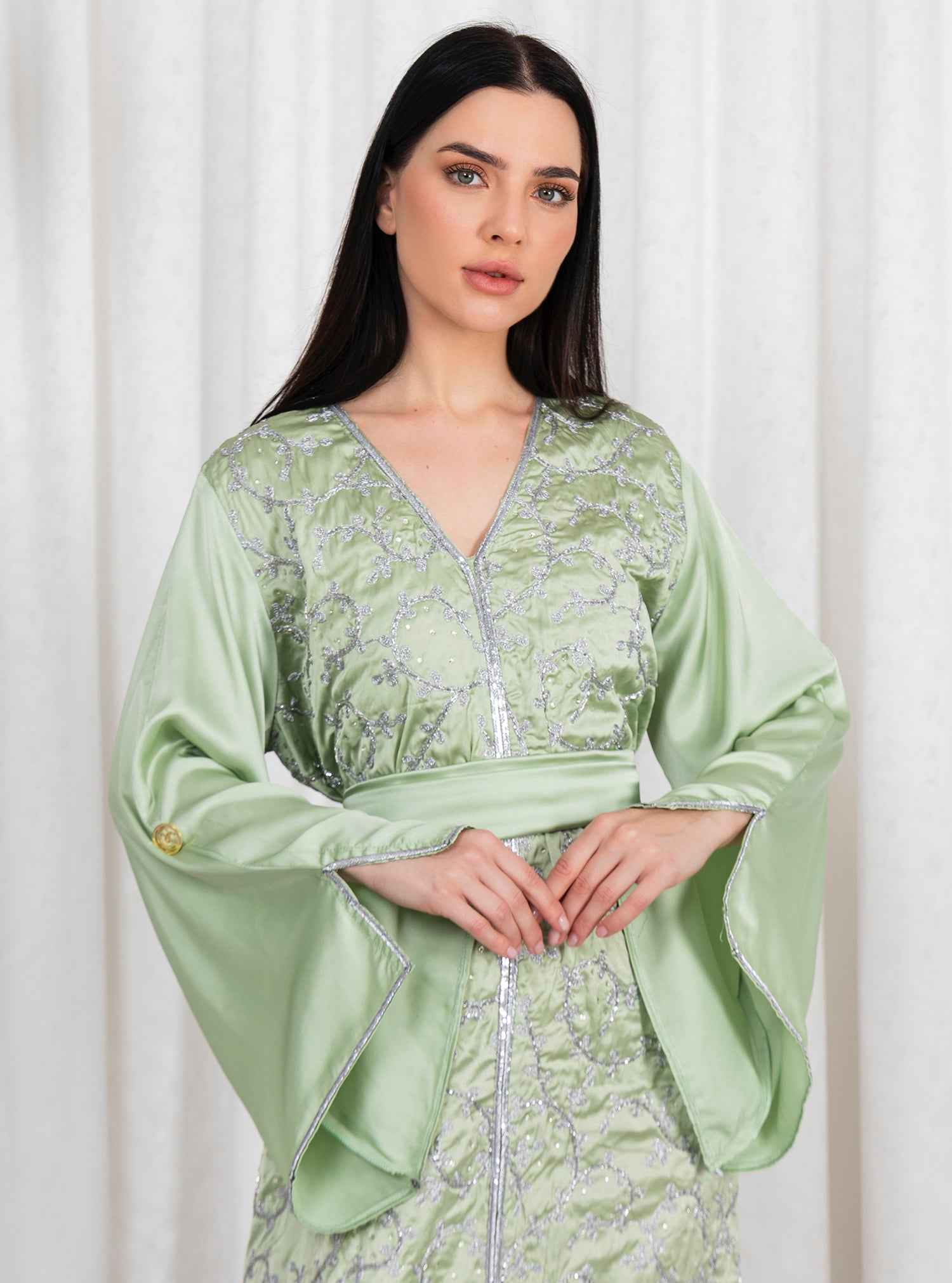 Moss-KTN039 – Pistachio Silk Kaftan with Intricate Textured Design