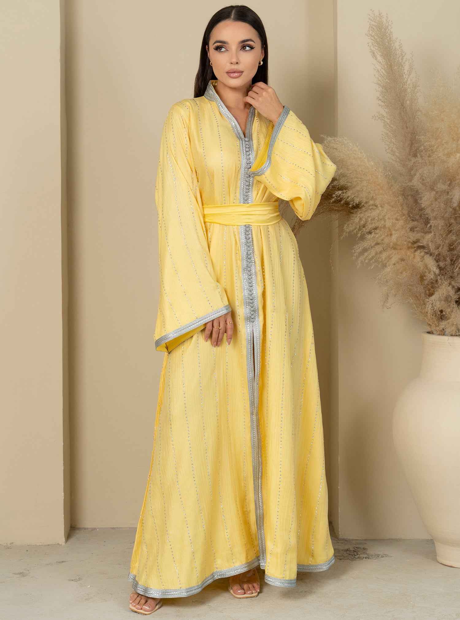 Topaz KTN028 – Radiant Yellow French Chiffon Kaftan With Silver Embellished Details