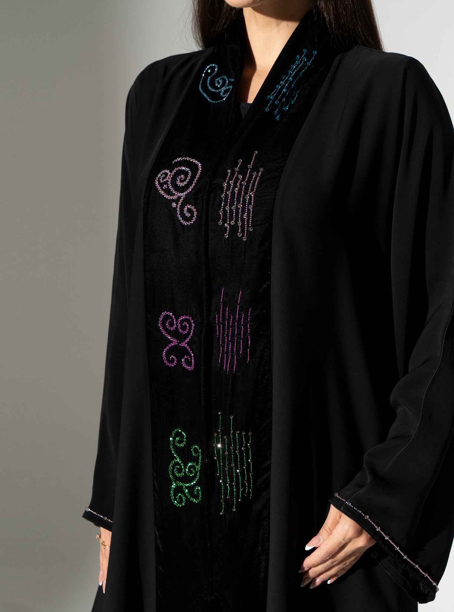 Jet-ABY021 – Black Crepe & Chiffon Abaya with Hand-Embroidered Multicolor Detail