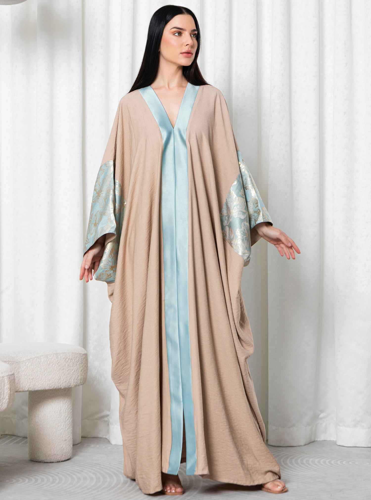 Aqua-KTN050 – Elegant Linen Kaftan with Serene Aqua Panels & Soft Embossed Sleeves