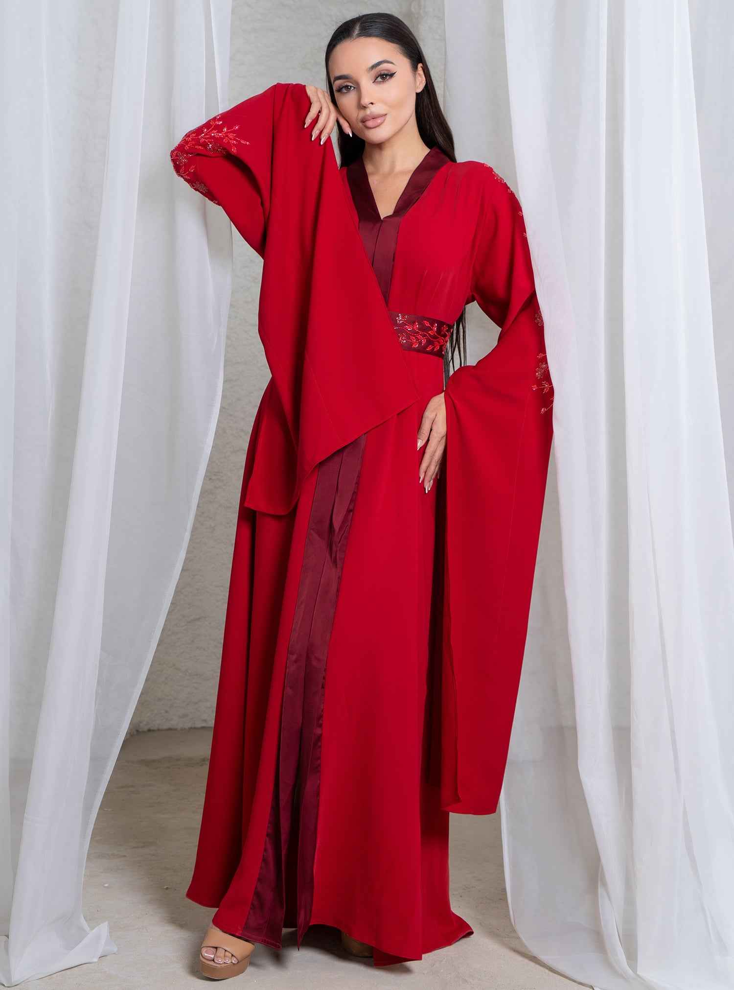 Ruby KTN029 – Elegant Red Kaftan with Handcrafted Beadwork Detailing