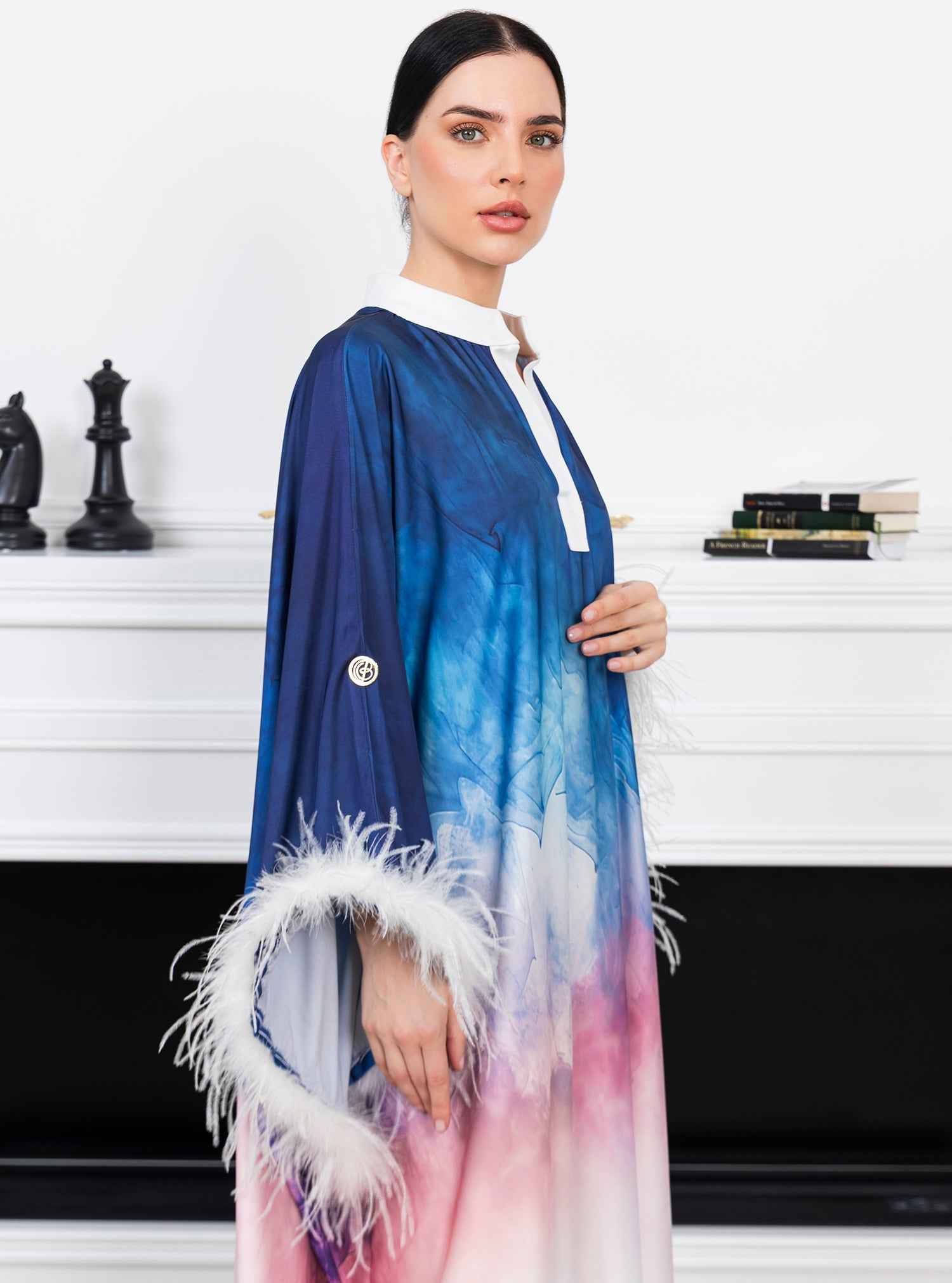 Pearl-KTN037 – Ombre Silk Satin Kaftan with Signature Feathered Elegance