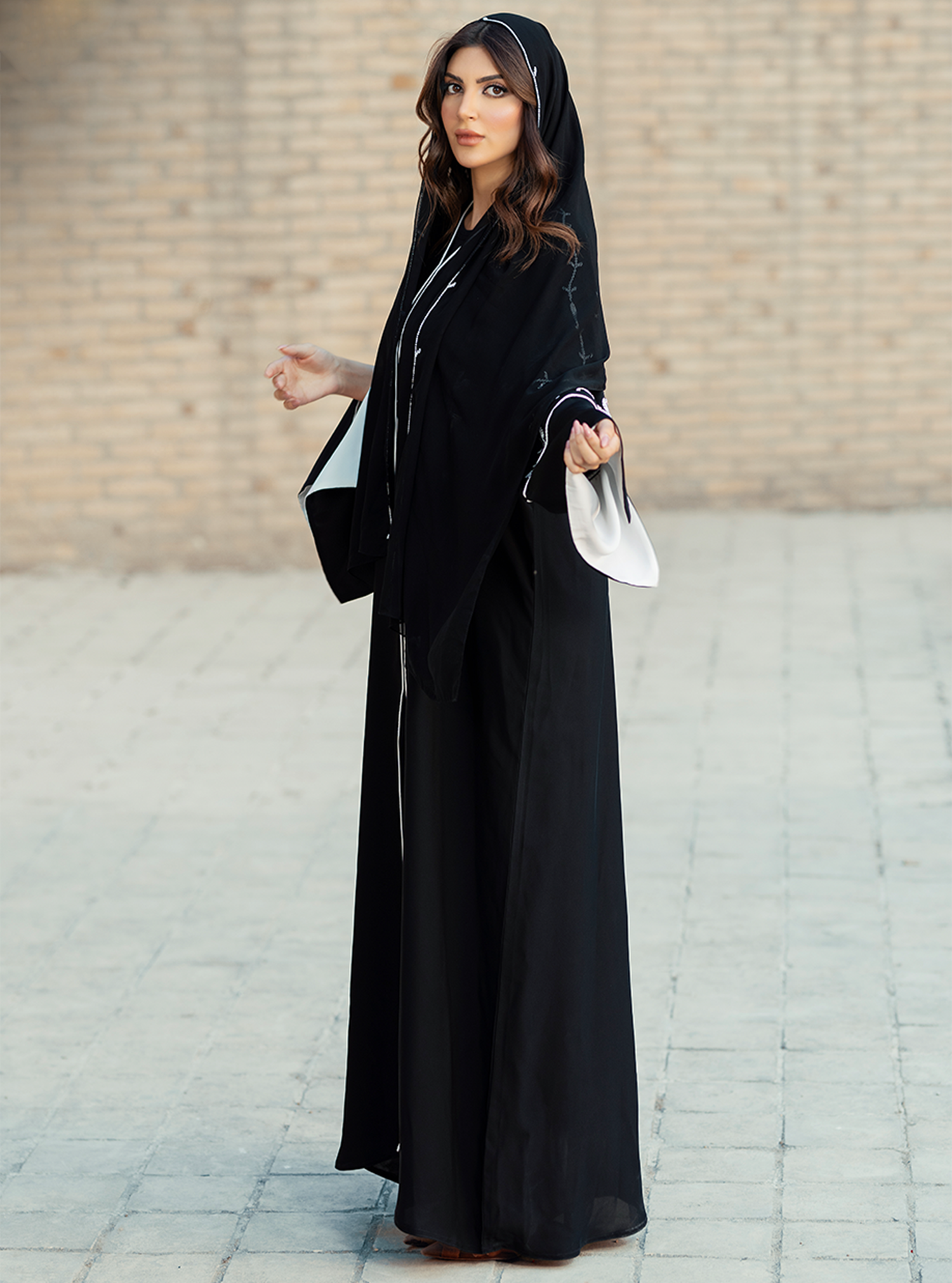 Onyx-ABY018 – Elegant Black Abaya with White Piping & Embroidered Headscarf - BAZZAZ COUTURE GARMENTS L.L.C