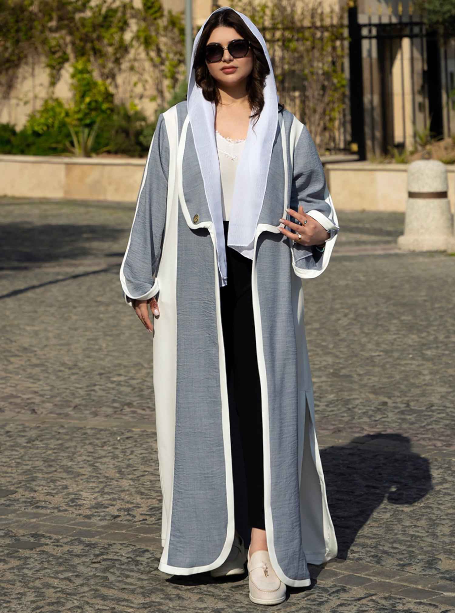 Grey-ABY0013 – Versatile Linen Abaya with Modern Chelsea Collar Design