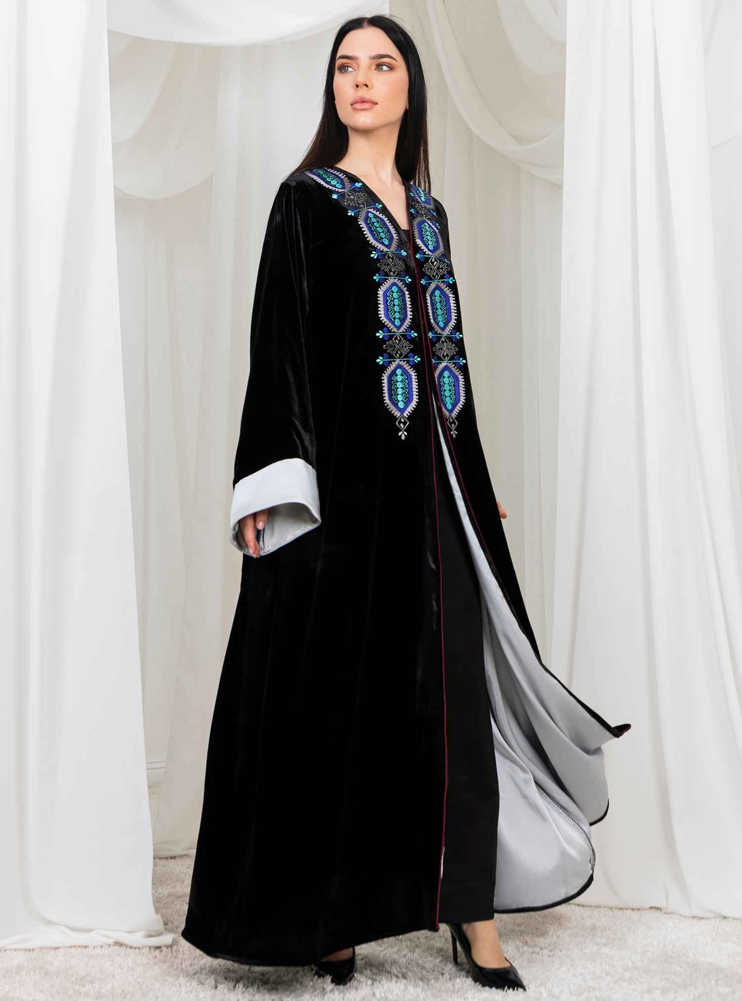 Stella-ABY031 – Black Velvet Abaya with Hand Embroidery & Satin-White Statement Sleeves