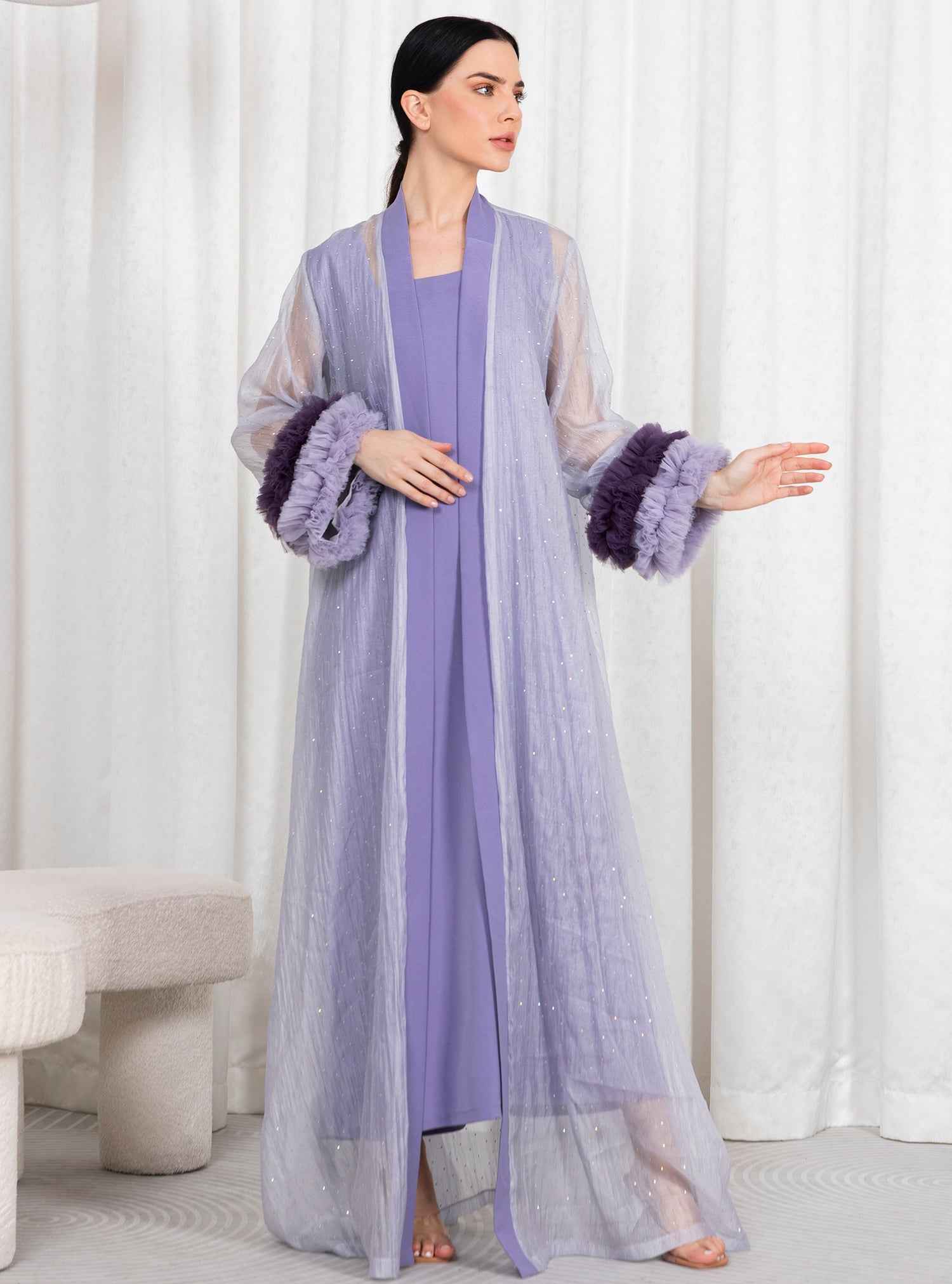 Lily-KTN035 – Two-Piece Lilac Abaya with Artful Feathered Sleeves & Sheer Elegant Overlay