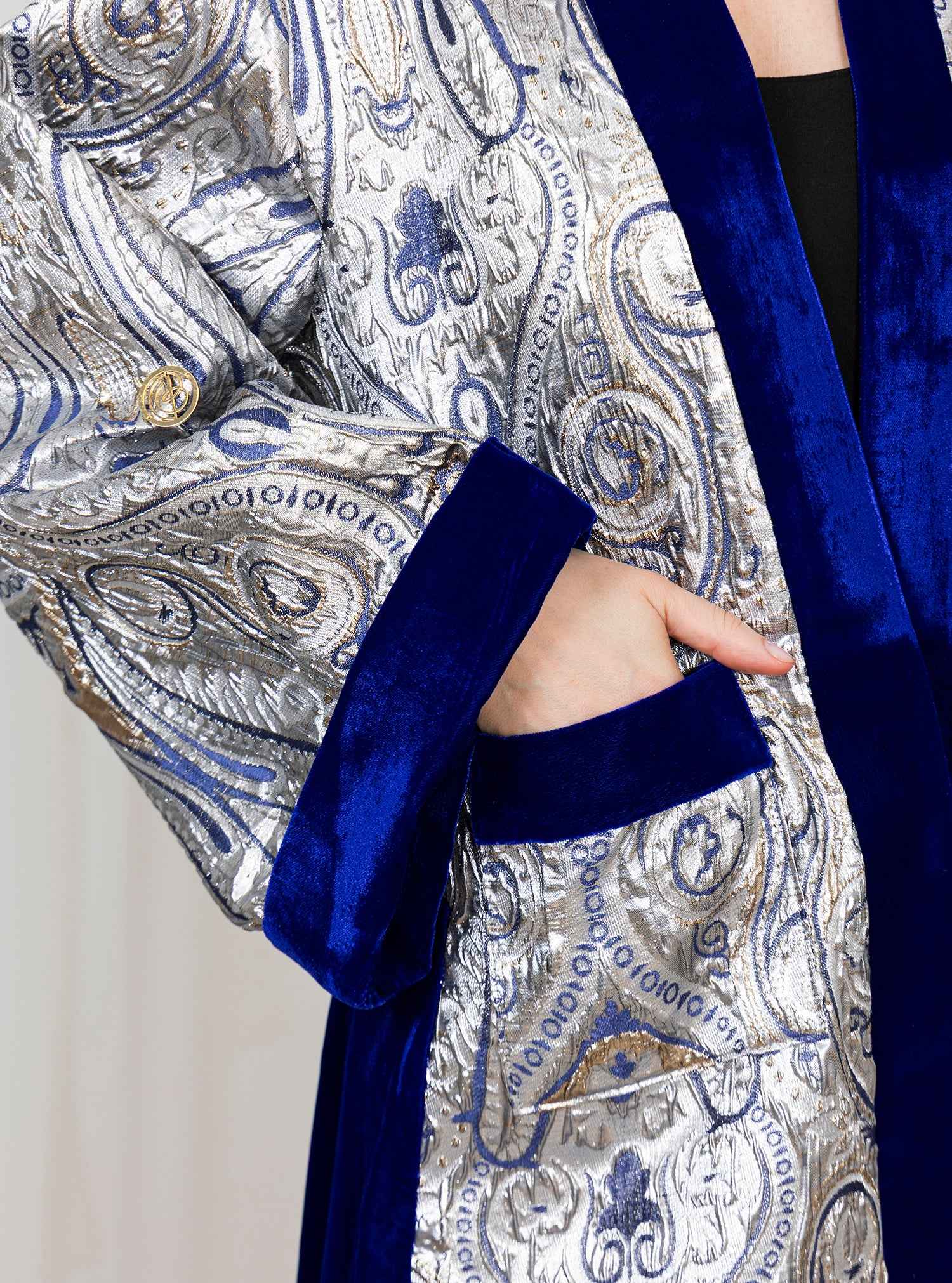 Dusk-ABY037 – Silver Jacquard Abaya with Royal Blue Accents