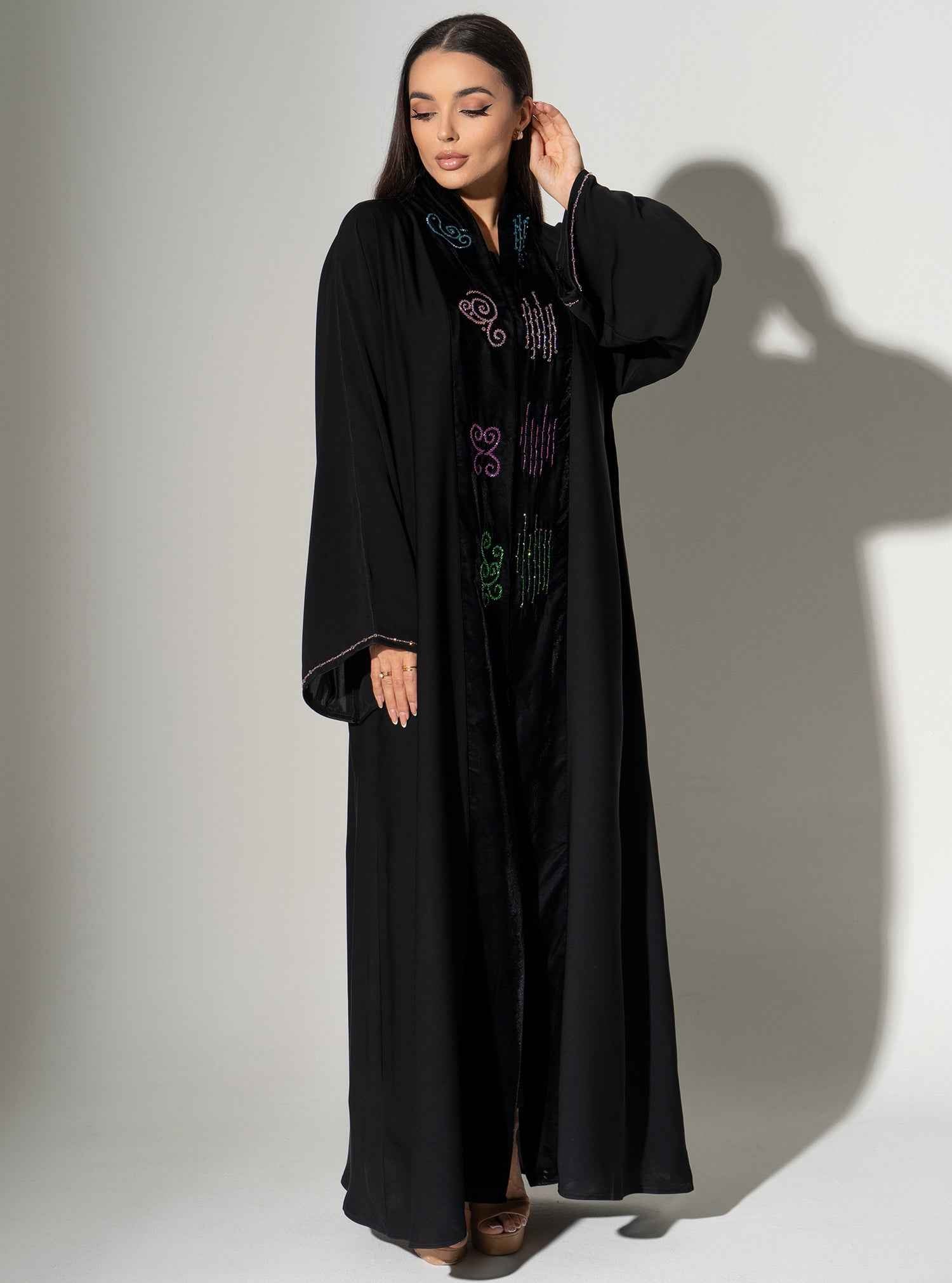 Jet-ABY021 – Black Crepe & Chiffon Abaya with Hand-Embroidered Multicolor Detail