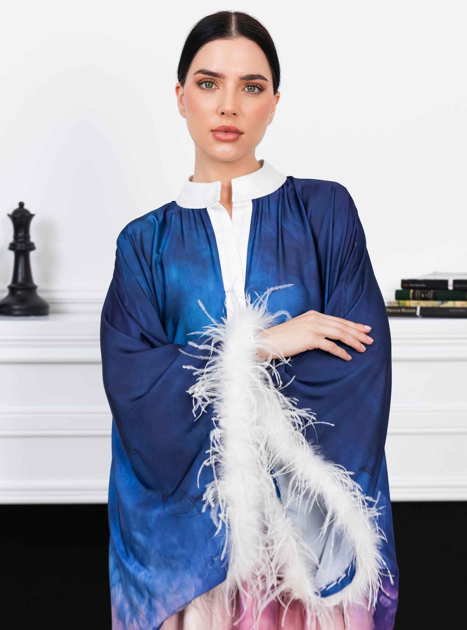 Pearl-KTN037 – Ombre Silk Satin Kaftan with Signature Feathered Elegance