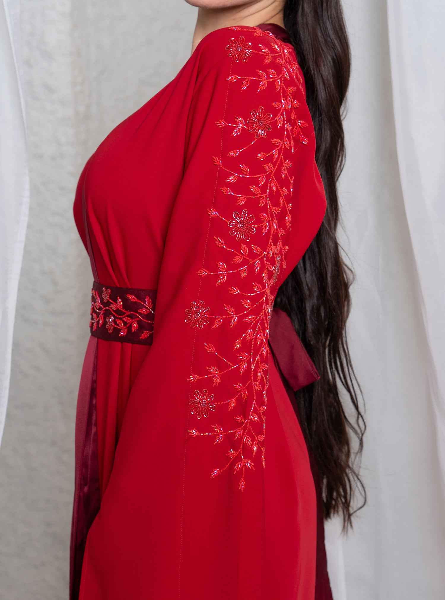 Ruby KTN029 – Elegant Red Kaftan with Handcrafted Beadwork Detailing