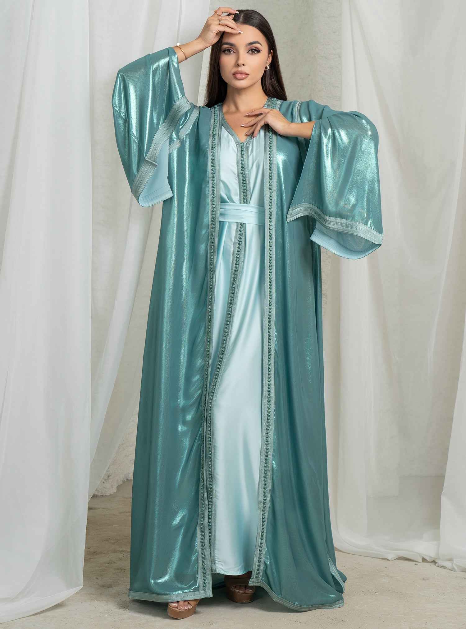 Mint-KTN025 – Vibrant Turquoise Two-Piece Kaftan with Glossy Cape & Elegant Sleeve Slit
