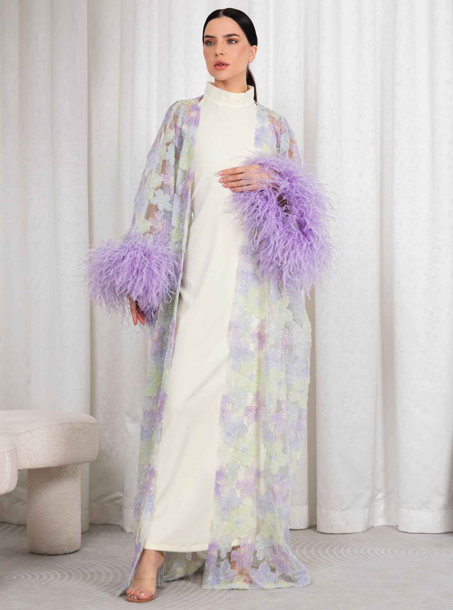 Orchid-KTN042 – Chantilly Lace Two-Piece Caftan with Luxurious Italian Silk