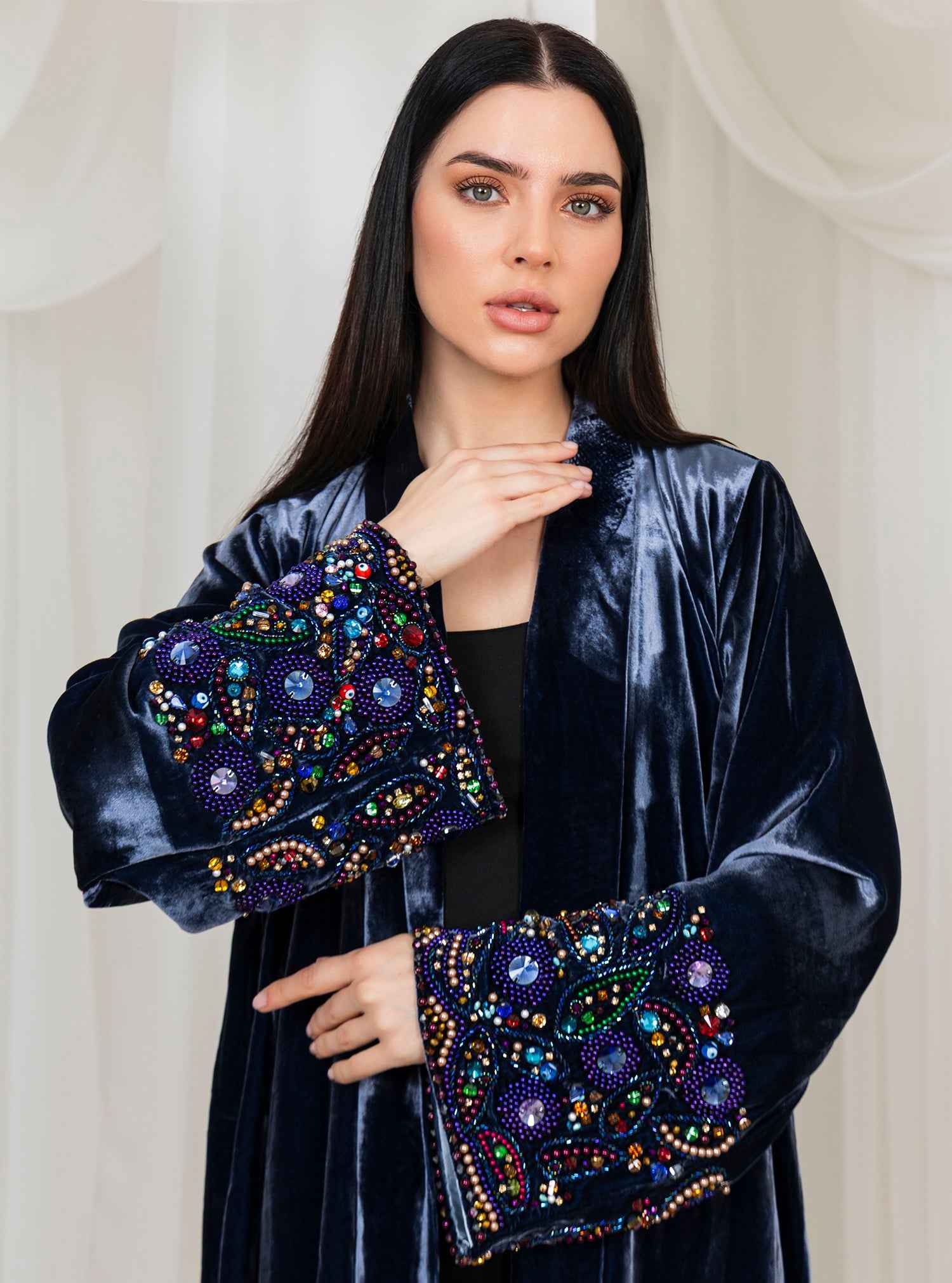 Bling-ABY039 – Ghost Grey Japanese Velvet Abaya with Hand-Embellished Beaded Sleeves