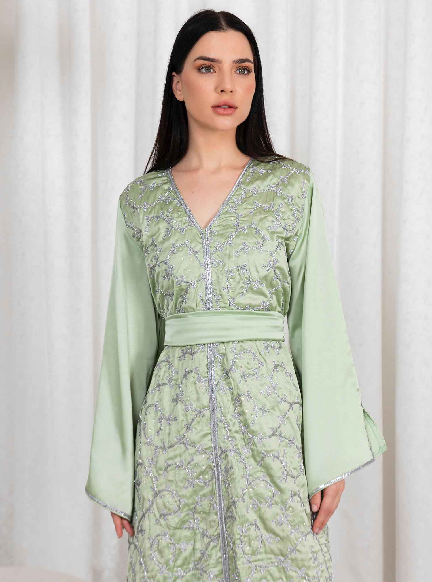 Moss-KTN039 – Pistachio Silk Kaftan with Intricate Textured Design