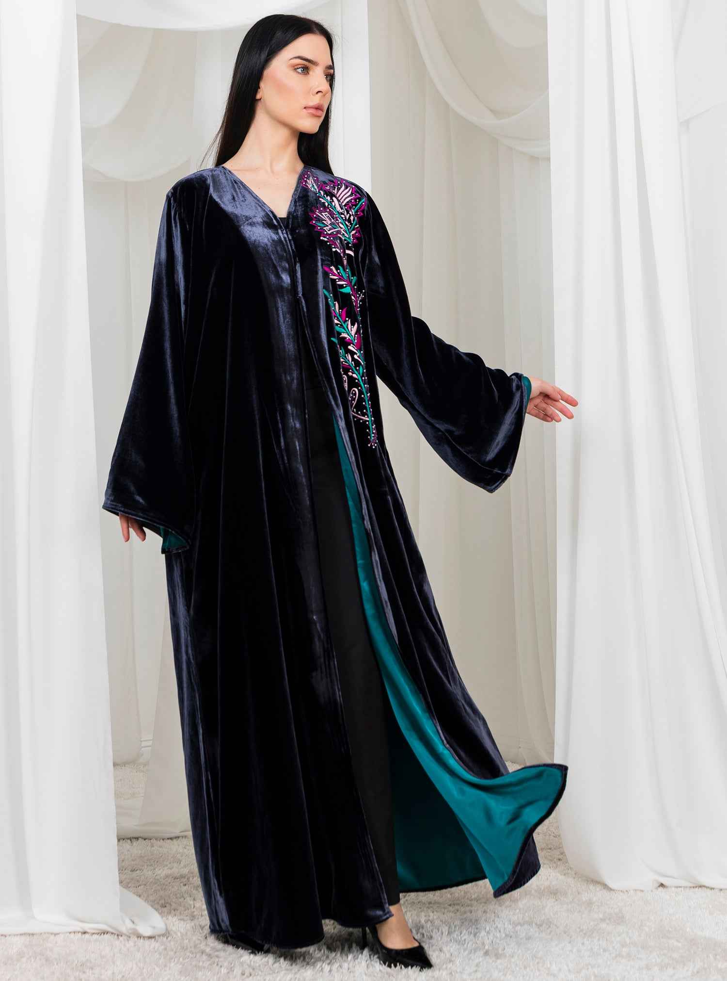 Fayrouz-ABY042 – Black Velvet Abaya with Refined Silk Thread Embroidery