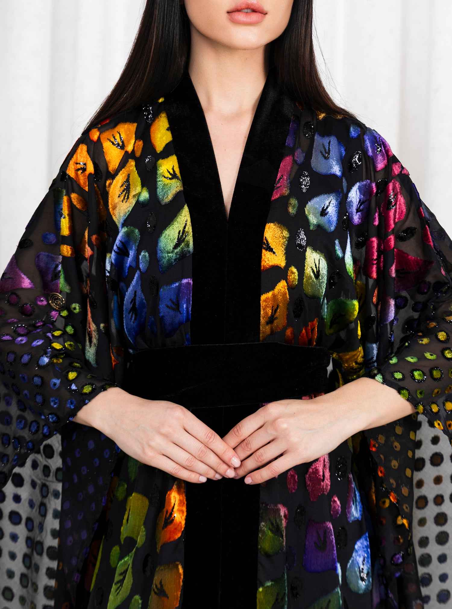 Galaxy-KTN047 – Black Chiffon Velvet Kaftan with Cosmic Bloom Embroidery